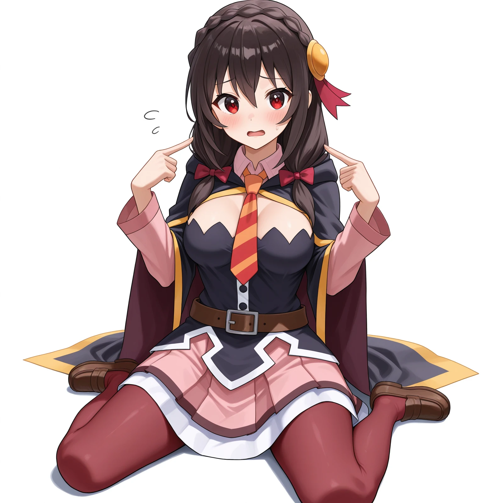 (anime art style:1.0), 2d, masterpiece, best quality, very aesthetic, absurdres, dynamic shadows, atmosferic, yunyun, 1girl, solo, brown hair, low twintails, crown braid, long hair, red eyes, detailed eyes, hair between eyes, bangs, medium breasts, curvy body, makeup, blush, pink necktie, necktie between breasts, (pink skirt:0.7), (white skirt:0.5), hair ornament, red hair bow, belt, black jacket, cleavage cutout, juliet sleeves, red thighhighs, collarbone, ahegao, tongue, saliva, cowboy shot, from below, squatting, arms behind head, (looking at viewer:1.0), white background, simple background