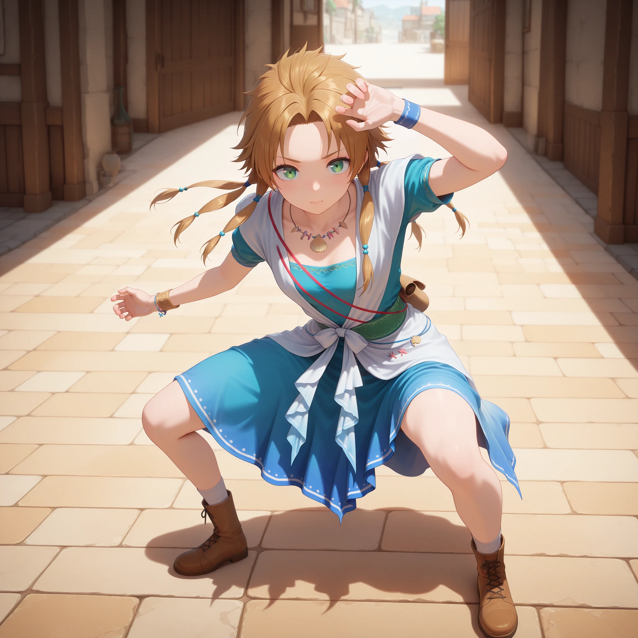 masterpiece, best quality, amazing quality, newest,detailed face, beautiful eye,  <lora:vegetaPoseV1_illustrious:0.9>,full body, standing, dynamic pose, fighting stance, one eye covered, hand on forehead, bent knees, confident expression,solo,five_finger, <lora:diver_Illust_v2:1>,diver, romancing saga 2, green eyes, brown hair, long hair, spiked hair, twintails,hair tubes, freckles,bracelet, short sleeves,shell necklace,, masterpiece, best quality, amazing quality, newest,detailed face, beautiful eye
