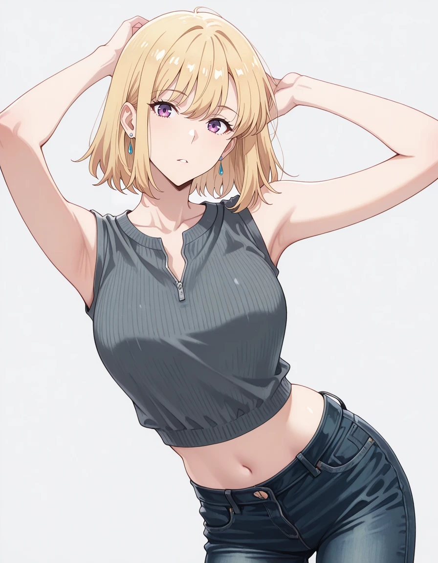masterpiece,best quality,amazing quality,very aesthetic,high resolution,ultra detailed,perfect details,<lora:mai_ki_style:1>,mai_ki_style,<lora:mai_Ink_style:1>,traditional media,
1girl,solo,looking at viewer,dynamic pose,
simple background,grey background,
<lora:mai_bj_clothing_m_denim:1>,mai_bj_clothing_m_denim,sleeveless_shirt,grey_shirt,unzipped,crop_top,earrings,jeans,
<lora:hae-in-cha-s1s2-illustriousxl-lora-nochekaiser:1>,hae-in cha,blonde hair,purple eyes,short hair,