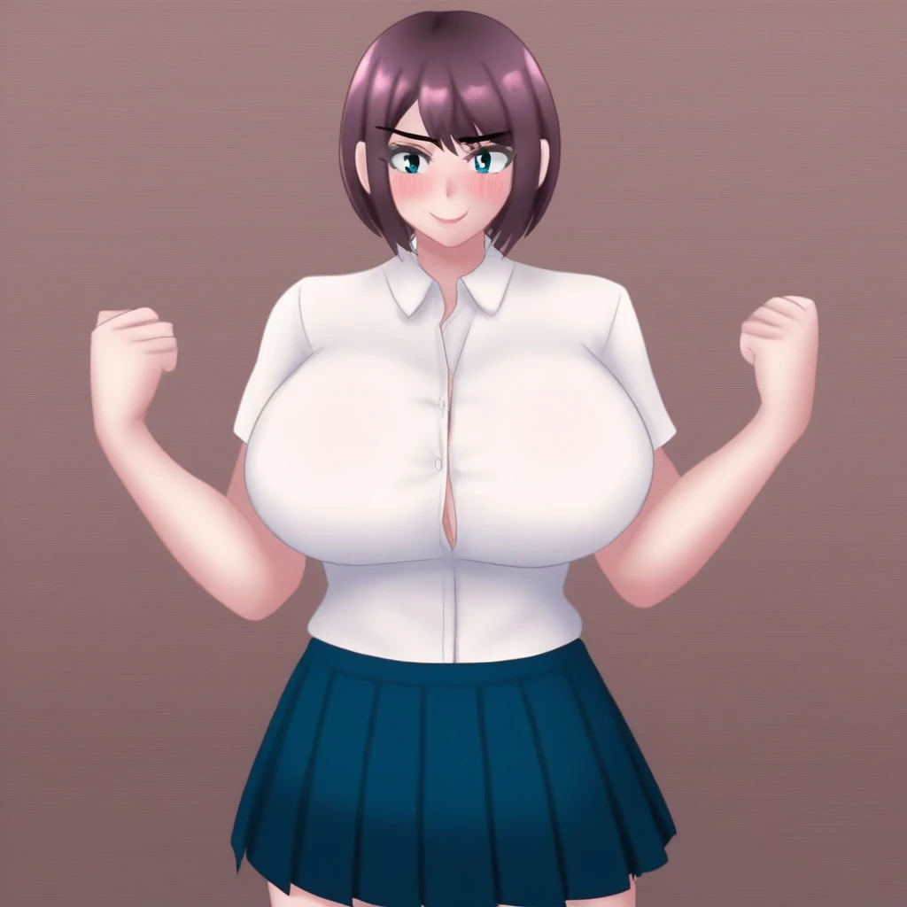((best quality)), ((masterpiece)), (detailed)),Cute Girl,Short Brown Hair,Purple Eyes,Heart shaped pupils,Cute smile,Red Blush,big breasts,showed under ,bare thick thighs,cute skirt,Glowing purple eyes,cute pose,hand beneath breasts,purple backgroundzcute sexy pose,Lift skirt