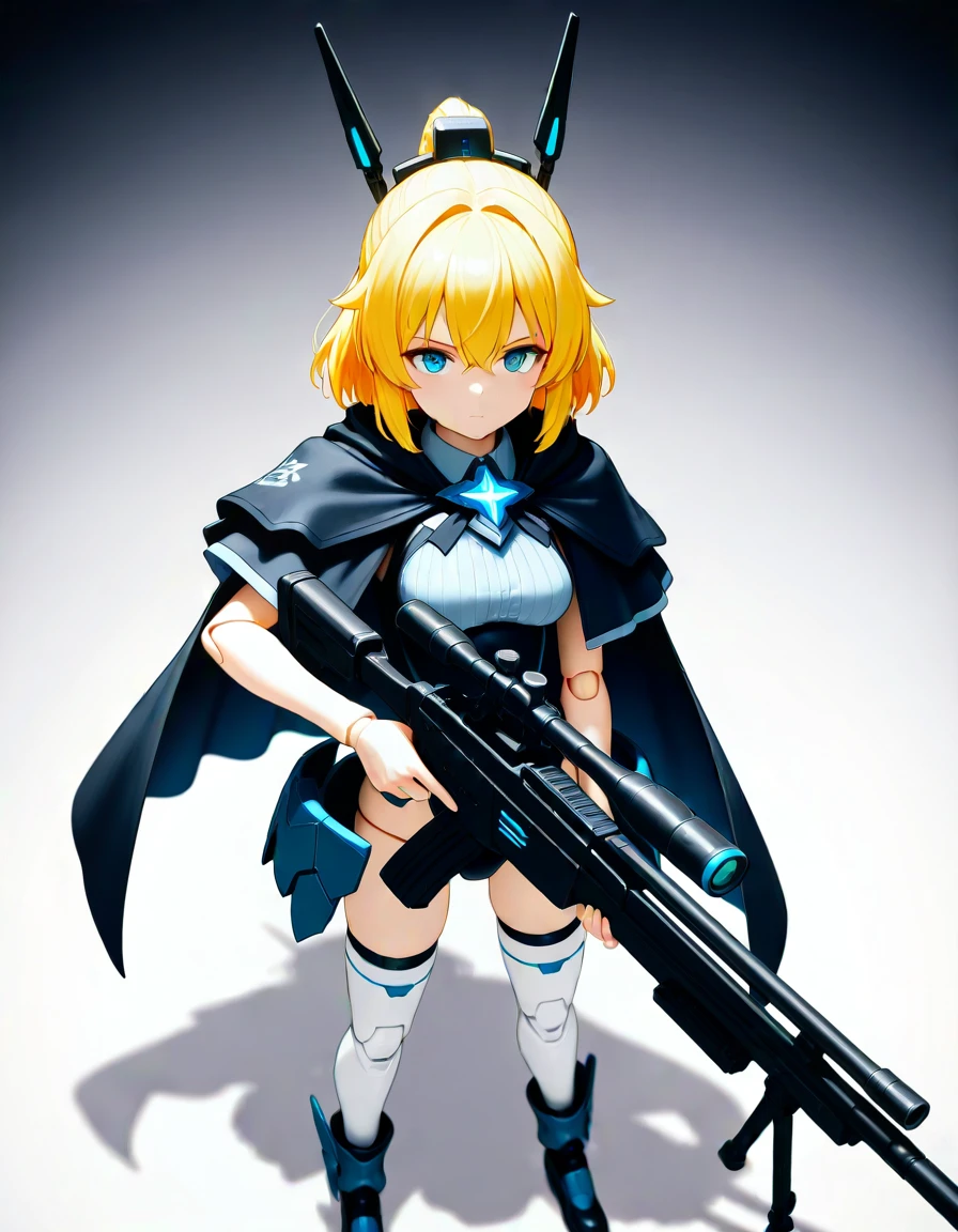 masterpiece, best_quality, very_aesthetic, highres, absurdres, ultra detailed,
<lora:negXL:0.5> <lora:30MS_IL:1>( 30ms, joints, mecha musume, doll joints, holding weapon:1.1)  
 weapon, holding  sniper rifle,
   ,blurry background,
 upper body,
from above,
gradient background,   
 cape,,capelet, 
dual saber spin ready posture, martial hero with hands open and backlit, fire wielder casting from low lunge,