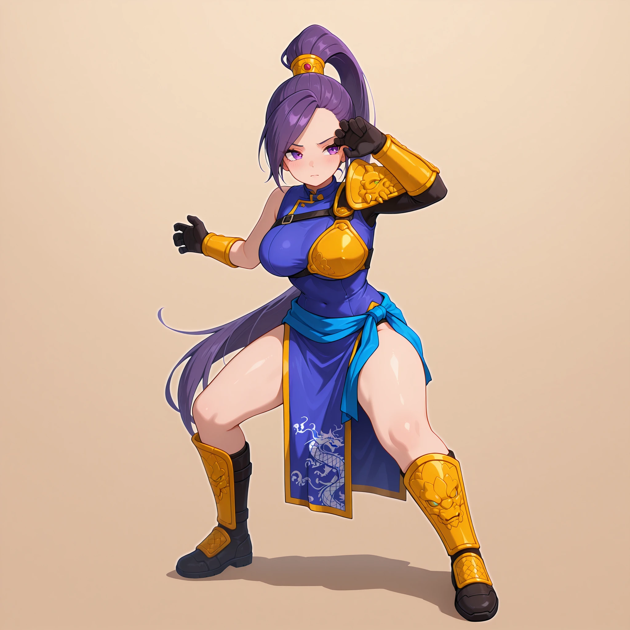 masterpiece, best quality, amazing quality, newest,detailed face, beautiful eye, <lora:vegetaPoseV1_illustrious:1.0>,full body, fighting stance, one eye covered, hand on forehead, bent knees, confident expression,solo,five_finger, <lora:Hoseki_DragonQuest_Jade_IllustriousXL_v1:1>,m4rt, large breasts, purple eyes, purple hair, very long hair, swept bangs, high ponytail,hair ornament, shoulder armor, single pauldron, chest guard, purple dress, china dress, pelvic curtain, blue sarong, black single sleeve, black gloves, armguards, shin guards, masterpiece, best quality, amazing quality, newest,detailed face, beautiful eye