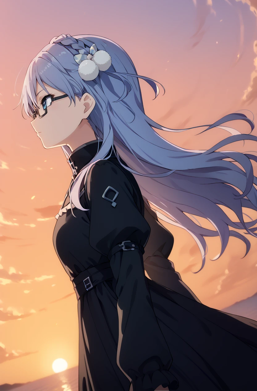 score_9, score_8_up, score_7_up, masterpiece, best quality, amazing quality, very aesthetic, newest, absurdres, highres,
1girl, solo,
 <lora:MaruyamaAkanePonyV1:1> maruyamaakane, blue hair, long hair, blue eyes, glasses, single braid, hair ornament,
sky, sunset, floating hair, profile, looking ahead, upper body, dutch angle, black dress, long sleeves, sleeves past wrists, puffy sleeves, bodice, high collar, jewelry, hair ornament,
<lora:modern_anime_screencap_v1_0:0.8> anime screencap, anime screenshot,
