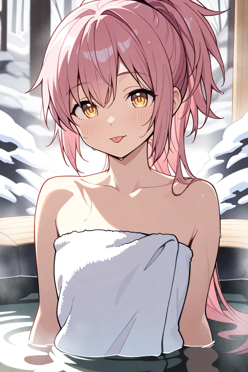 best quality, masterpiece, umadoka, 1girl, solo, pink hair, yellow eyes, ponytail, long hair,  towel, blush,partially submerged,onsen, upper body,:p, fuzzy towel, parted lips,arms at sides, outdoors, steam ,looking at viewer,wet hair, closed mouth, (tongue out:1.2), flat ,        <lora:UltMadokaIllus:1>