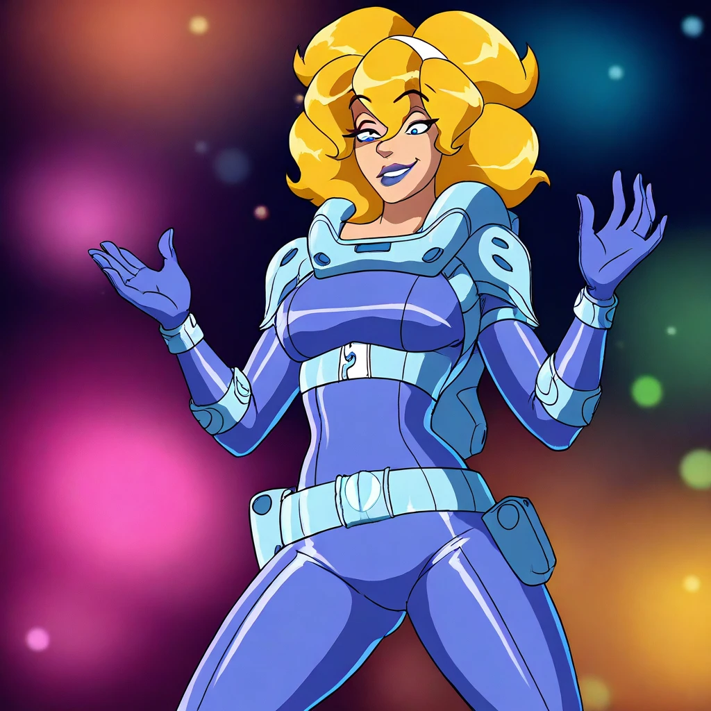LadyLunaTS, 1girl, solo, tall woman, blonde hair, thick voluminous hair, shoulder-length wavy hair, bangs, bangs covering forehead, white headband with blue stars, blue eyes, full lips, hot pink lipstick, purplish-blue spacesuit, jetpack, belt, armor, wide hips, large breast, curvy thighs, large butt, boots, gloves, bodysuit, masterpiece, best quality, fine details, intricate details, depth of field, subsurface scattering, bokeh, ultra-detailed, very aesthetic, detailed background, newest, scenery, highres, absurdres, colorful, vibrant, glowing, perfect face, 2d, perfect eyes, vibrant saturated colors, volumetric lighting, sharp, detailed eyes, perfect anatomy, perfect face, perfect eyes, mature body, clear eyes, beautiful eyes, athletic, curvy body, athletic girl, perky tits, perfect tits, round breasts, pinup pose, teasing, lustful expression, perfect hands, muscular female,