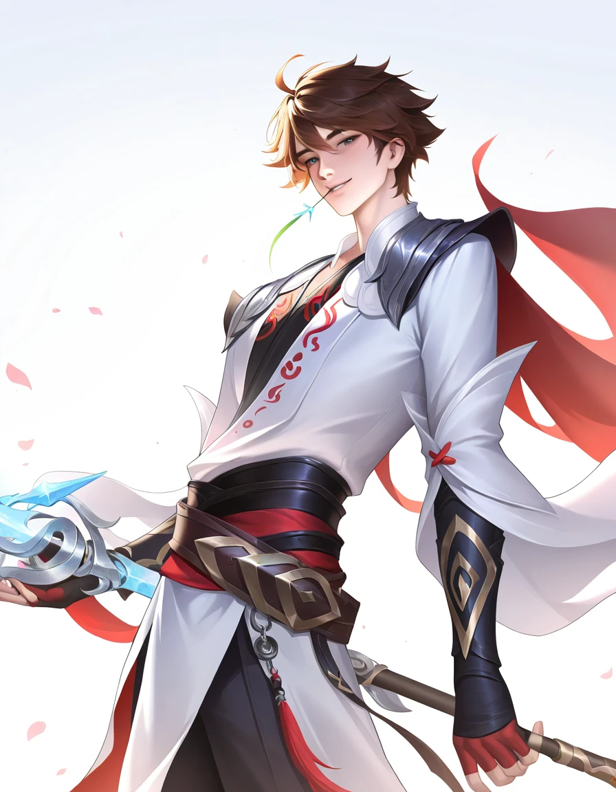 masterpiece, best quality,Russians,tartaglia (genshin impact),vision \(genshin impact\), (sapphire:1.2),1boy, gloves, male focus, orange hair, weapon, solo, mask, blue eyes, black gloves, pants, mask on head, holding, jacket, scarf, red scarf, bangs, water, boots, holding weapon, single earring