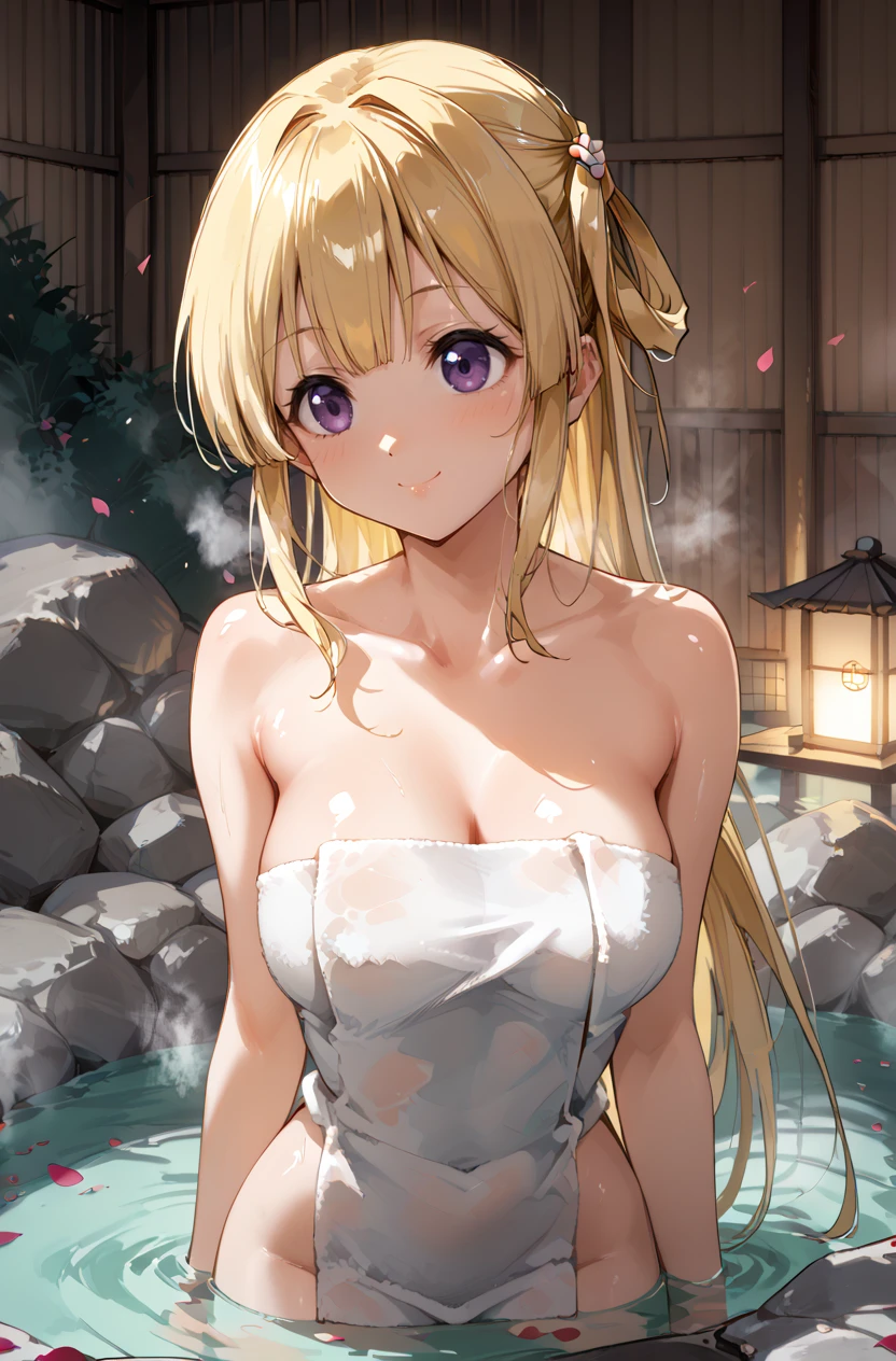 score_9, score_8_up, score_7_up, masterpiece, best quality, amazing quality, very aesthetic, newest, absurdres, highres,
1girl, solo,
 <lora:FujimaSakuraPonyV1:1> fujimasakura, blonde hair, long hair, hair rings, purple eyes,
naked towel, partially submerged, onsen, looking up, petals, steam, blush, smile,
<lora:AGMXLP6lokrV53P1T2:0.4> <lora:oobari_style_pony_ver1:0.4> oobari_style, retro artstyle, 1990s \(style\), <lora:shiny_nai_pdxl:0.4> shiny skin, shiny