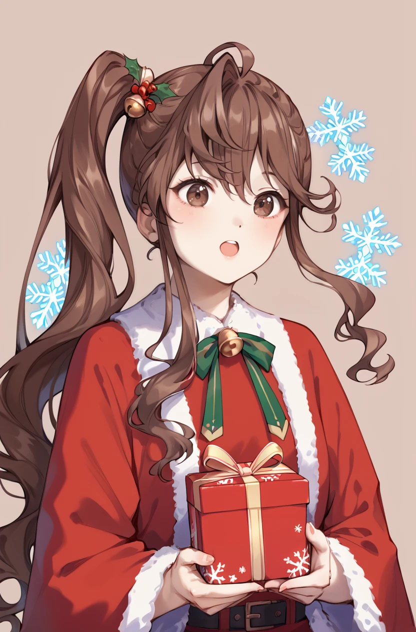 score_9, score_8_up, score_7_up, masterpiece, best quality, amazing quality, very aesthetic, newest, absurdres, highres,
1girl, solo,
<lora:TodaJunPonyV1:1> todajun, brown hair, long hair, wavy hair, ahoge, hair between eyes, side ponytail, brown eyes,
upper body, santa costume, jingle bell, gift box, snowflake background, open mouth, :o,
<lora:StariweiStyle:0.8> stariwei_style