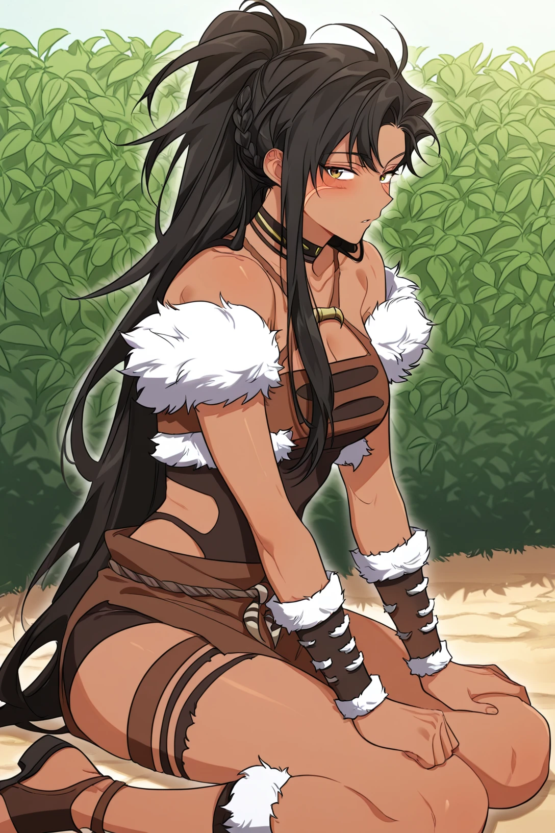 (portrait:1.4), (viewed up close:1.3), nidalee, dynamic pose, floating png, character sheet, concept art, league of legends, absurdres, highres, cowboy shot, 1girl, bare shoulders, body markings, black hair, facial mark, fingernails, fur trim, gem, green eyes, jewelry, long hair, necklace, ponytail, solo, tooth necklace, very long hair, hairband, <lora:nidalee_V1:1.0>, <lora:leagueOfLegends_v02:0.0>, <lora:animeTarotCardArtStyleLora_v31:1.0>