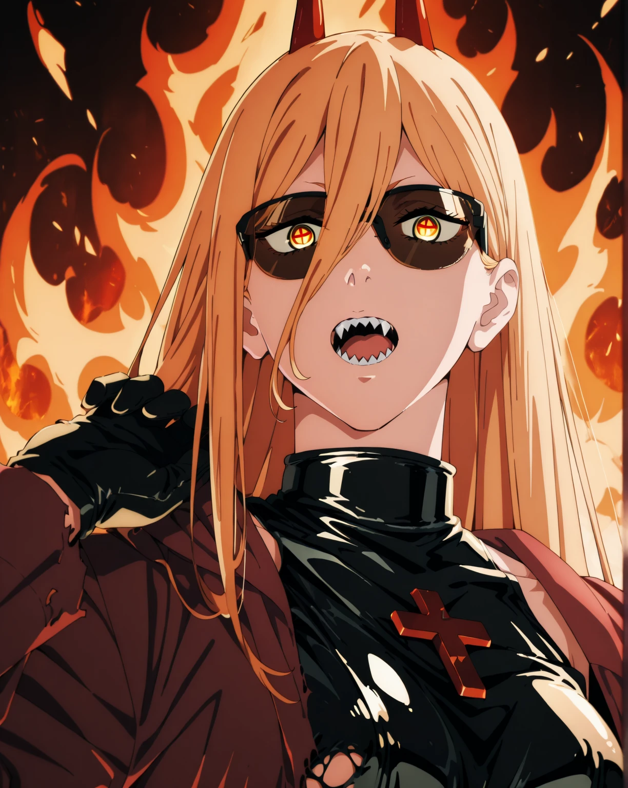 <lora:Opium clothing IL_epoch_10:1> wearing Opium clothing, long coat, fire in background,  gloves, sunglasses, portrait, torn clothes, <lora:ChainsawManPower-IL-v1-08:0.9> ChopioPower. very long hair. straight hair. blonde hair. hair between eyes. yellow eyes. cross-shaped eyes. red pupils. looking at viewer. anime coloring. medium breasts. red horns. sharp teeth,