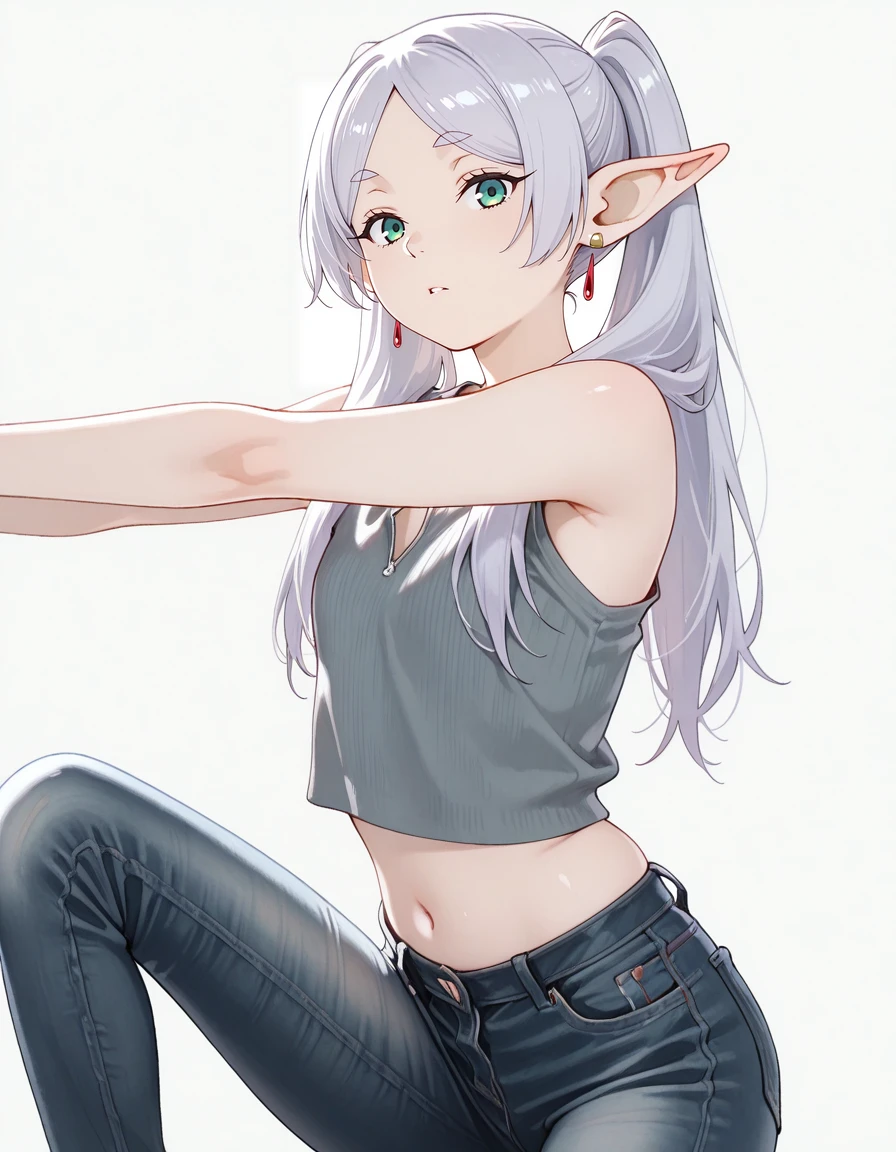 masterpiece,best quality,amazing quality,very aesthetic,high resolution,ultra detailed,perfect details,<lora:mai_ki_style:1>,mai_ki_style,<lora:mai_Ink_style:1>,traditional media,
1girl,solo,looking at viewer,dynamic pose,
simple background,grey background,
<lora:mai_bj_clothing_m_denim:1>,mai_bj_clothing_m_denim,sleeveless_shirt,grey_shirt,unzipped,crop_top,earrings,jeans,
<lora:Frieren_v1.0_illustrious:1>,frieren,flat chest,