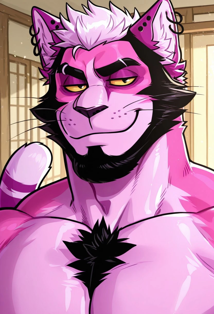 , masterpiece, best quality, high quality, detailed, male, male, 1boy, mature male, pectorals, anthro male, smirk face, muscular, pecs,, intdoors, Portrait, Looking at viewer, Cat, Cat tail, Beard, pink fur, muscular, ears piercing, solo, yellow sclera,