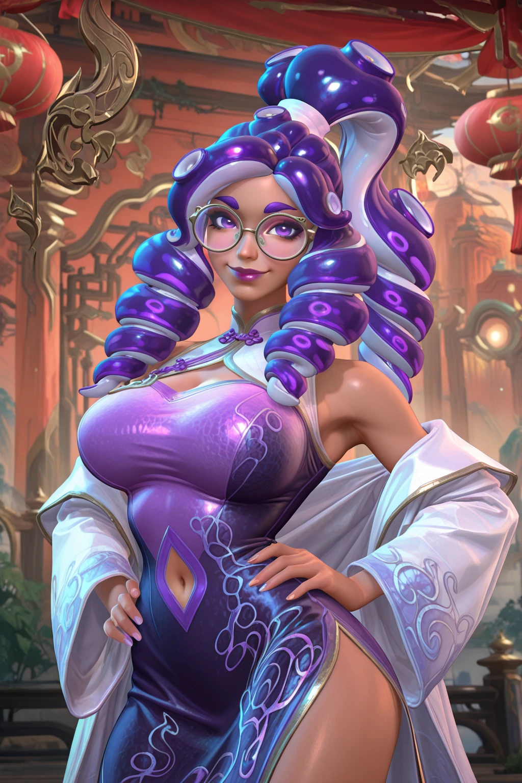masterpiece, good quality, best quality, very awa, very as2, absurdres, highres
<lora:momma occoilluLoRA:1>Moocco, dark-skinned female, octoling, octoling girl, suction cups, tentacle hair, long hair, high ponytail, purple hair, Purple eyes, huge breasts, round glasses, drill hair, purple lipstick, china dress,
<lora:Wild Rift StyleIlluLYCO:1.4> 1girl, solo, breasts, looking at viewer, makeup, cowboy shot, stola, off shoulder, smile, navel cutout, hand on hip