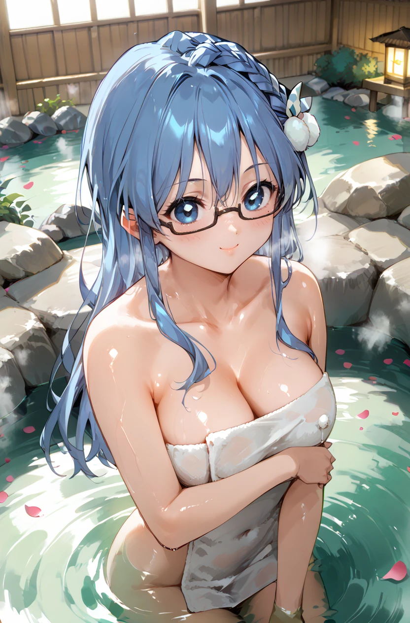 score_9, score_8_up, score_7_up, masterpiece, best quality, amazing quality, very aesthetic, newest, absurdres, highres,
1girl, solo,
 <lora:MaruyamaAkanePonyV1:1> maruyamaakane, blue hair, long hair, blue eyes, glasses, single braid, hair ornament,
naked towel, partially submerged, onsen, looking up, petals, steam, blush, smile,
<lora:AGMXLP6lokrV53P1T2:0.4> <lora:oobari_style_pony_ver1:0.4> oobari_style, retro artstyle, 1990s \(style\), <lora:shiny_nai_pdxl:0.4> shiny skin, shiny