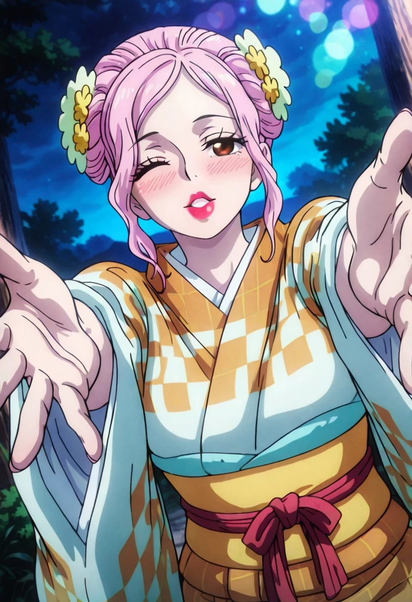 O-SomeOP, 1girl, solo, pink hair, hair ornament, hair bun, hair flower, sidelocks, brown eyes, full lips, pink lipstick, japanese clothes, orange checkered kimono, wide sleeves, sash, yellow obi, large breast, thick thighs, headband, tabi, yukata,
masterpiece, best quality, fine details, intricate details, depth of field, subsurface scattering, bokeh, ultra-detailed, very aesthetic, detailed background, newest, scenery, highres, absurdres, colorful, vibrant, glowing, perfect face, 2d, perfect eyes, vibrant saturated colors, volumetric lighting, sharp, detailed eyes, perfect anatomy, perfect face, perfect eyes, mature body, clear eyes, beautiful eyes, athletic, curvy body, athletic girl, perky tits, perfect tits, round breasts, pinup pose, teasing, lustful expression, perfect hands,
muscular female, dutch angle, dynamic pose,
one eye closed, looking at viewer, facing viewer, upper body, straight-on, pov, running towards viewer, (reaching towards viewer, :1.2), (outstretched arms, :1.2), looking at viewer, facing viewer, half-closed eyes, (seductive gaze, horny), makeup, , thick lips, red lips, lipstick, incoming kiss, puckered lips, parted lips, (excited, :1.2), (cheerful, :1.2), full-face blush, pale skin, detailed skin, skindentation, outdoors
,Smooth Negative, Smooth_Quality,
dark_fantasy_style, dark fantasy, retro,