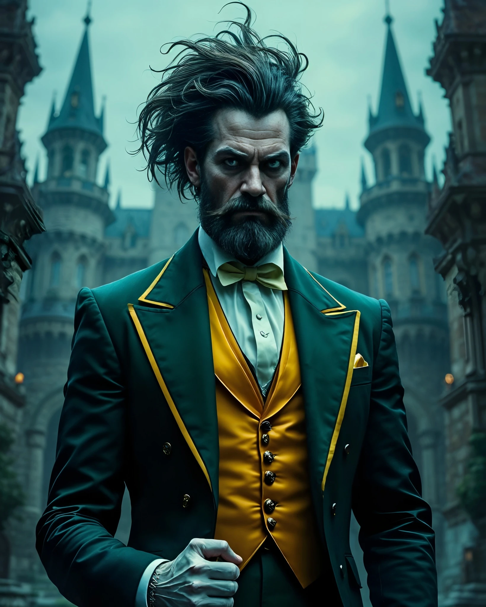 A heavily bearded man with wild hair stands in front of a gothic castle, wearing an ornate green suit with yellow accents and a bow tie. His intense gaze and clenched fist convey a sense of power and determination, while the dramatic sky enhances the moody atmosphere of the scene. The castle towers are visible in the background, adding to the fantasy-like setting.