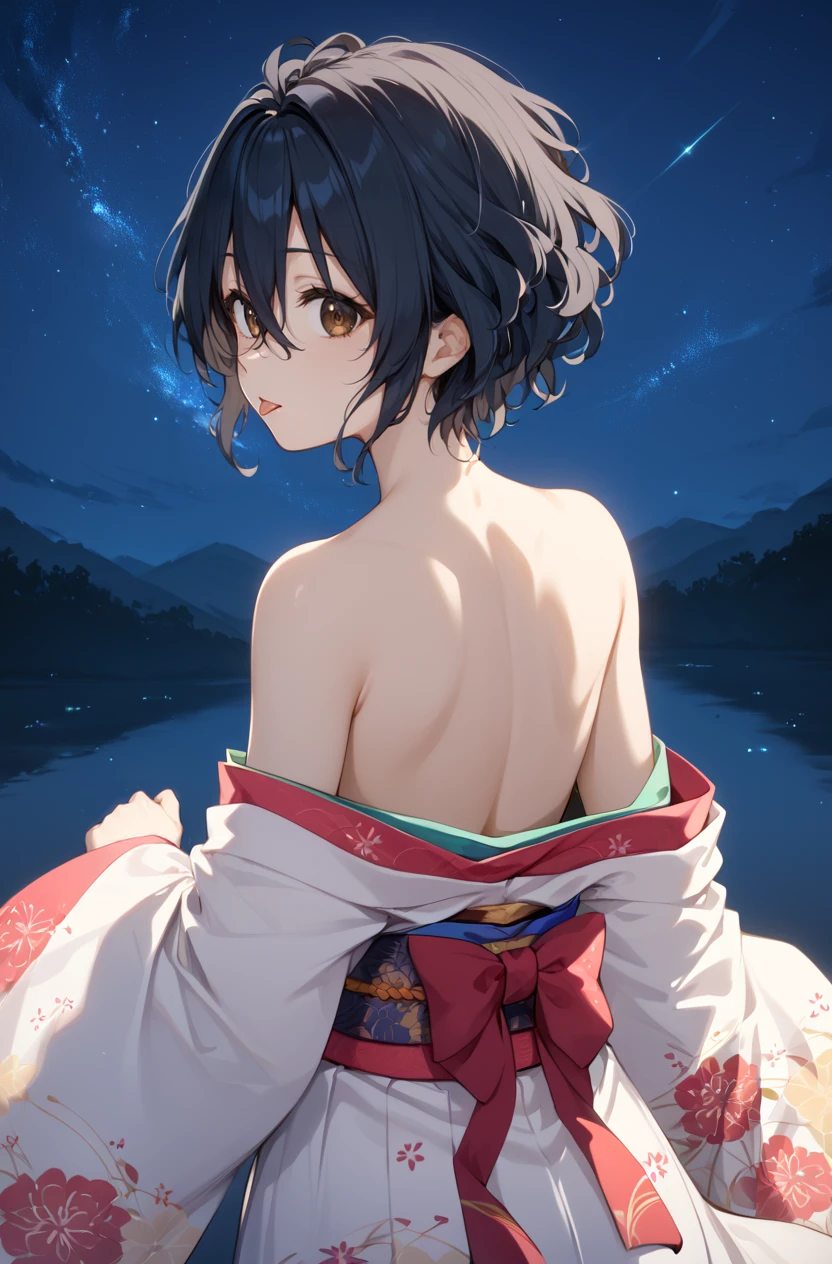 score_9, score_8_up, score_7_up, masterpiece, best quality, amazing quality, very aesthetic, newest, absurdres, highres,
1girl, solo,
 <lora:TakigawaMiuPonyV1:1> takigawamiu, black hair, wavy hair, short hair, brown eyes, hair between eyes,
kimono, bare shoulders, night sky, from behind, looking at viewer, tongue out,