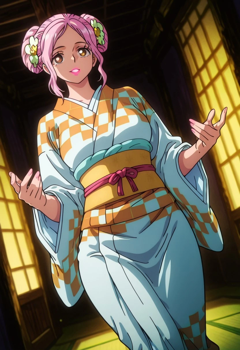 O-SomeOP, 1girl, solo, pink hair, hair ornament, hair bun, hair flower, sidelocks, brown eyes, full lips, pink lipstick, japanese clothes, orange checkered kimono, wide sleeves, sash, yellow obi, large breast, thick thighs, headband, tabi, yukata,
masterpiece, best quality, fine details, intricate details, depth of field, subsurface scattering, bokeh, ultra-detailed, very aesthetic, detailed background, newest, scenery, highres, absurdres, colorful, vibrant, glowing, perfect face, 2d, perfect eyes, vibrant saturated colors, volumetric lighting, sharp, detailed eyes, perfect anatomy, perfect face, perfect eyes, mature body, clear eyes, beautiful eyes, athletic, curvy body, athletic girl, perky tits, perfect tits, round breasts, pinup pose, teasing, lustful expression, perfect hands,
muscular female, dutch angle, dynamic pose,
,Smooth Negative, Smooth_Quality,
dark_fantasy_style, dark fantasy, retro,