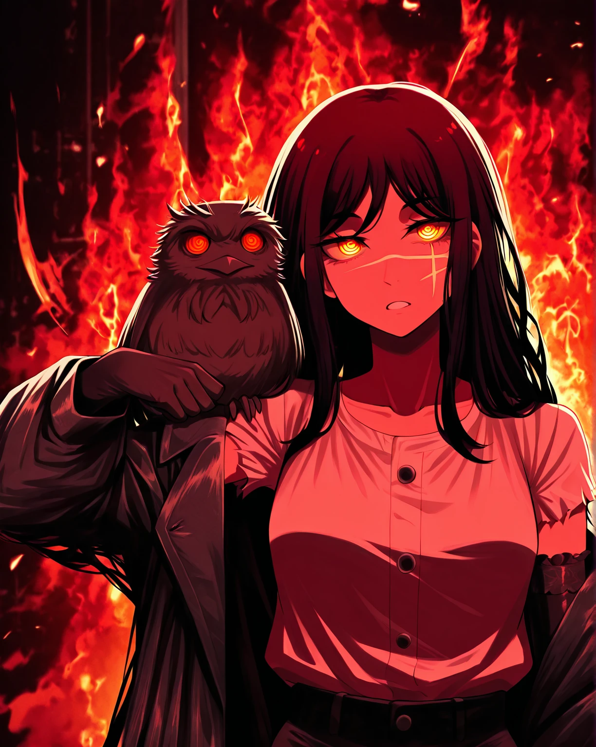 <lora:Opium clothing IL_epoch_10:1> wearing Opium clothing, long coat, fire in background,  gloves, sunglasses, portrait, torn clothes, <lora:YoruAsa:1> yoru. yoru \(chainsaw man\). red eyes. ringed eyes. scar on face. black hair. long hair. white shirt. black_arm_garter. black pants. dark_potoo on shoulder. potoo. bird,