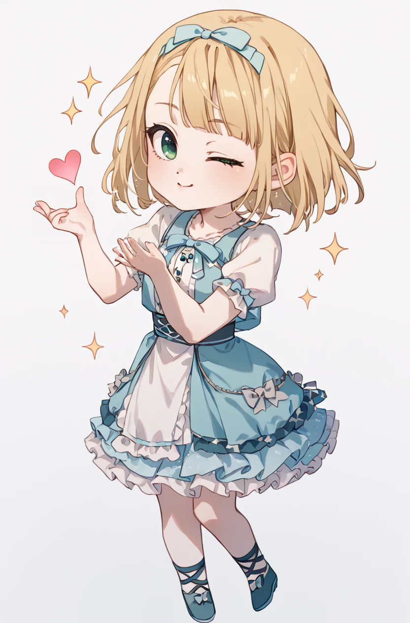 score_9, score_8_up, score_7_up, masterpiece, best quality, amazing quality, very aesthetic, newest, absurdres, highres,
1girl, solo,
<lora:SaitoNicolePonyV1:1> saitonicole, blonde hair, short hair, asymmetrical bangs, green eyes, bow hairband,
simple background,gradient background, chibi, full body,
sparkle, happy, blowing kiss, one eye closed,
<lora:IriaStylePony:0.8> IRIaStyle,