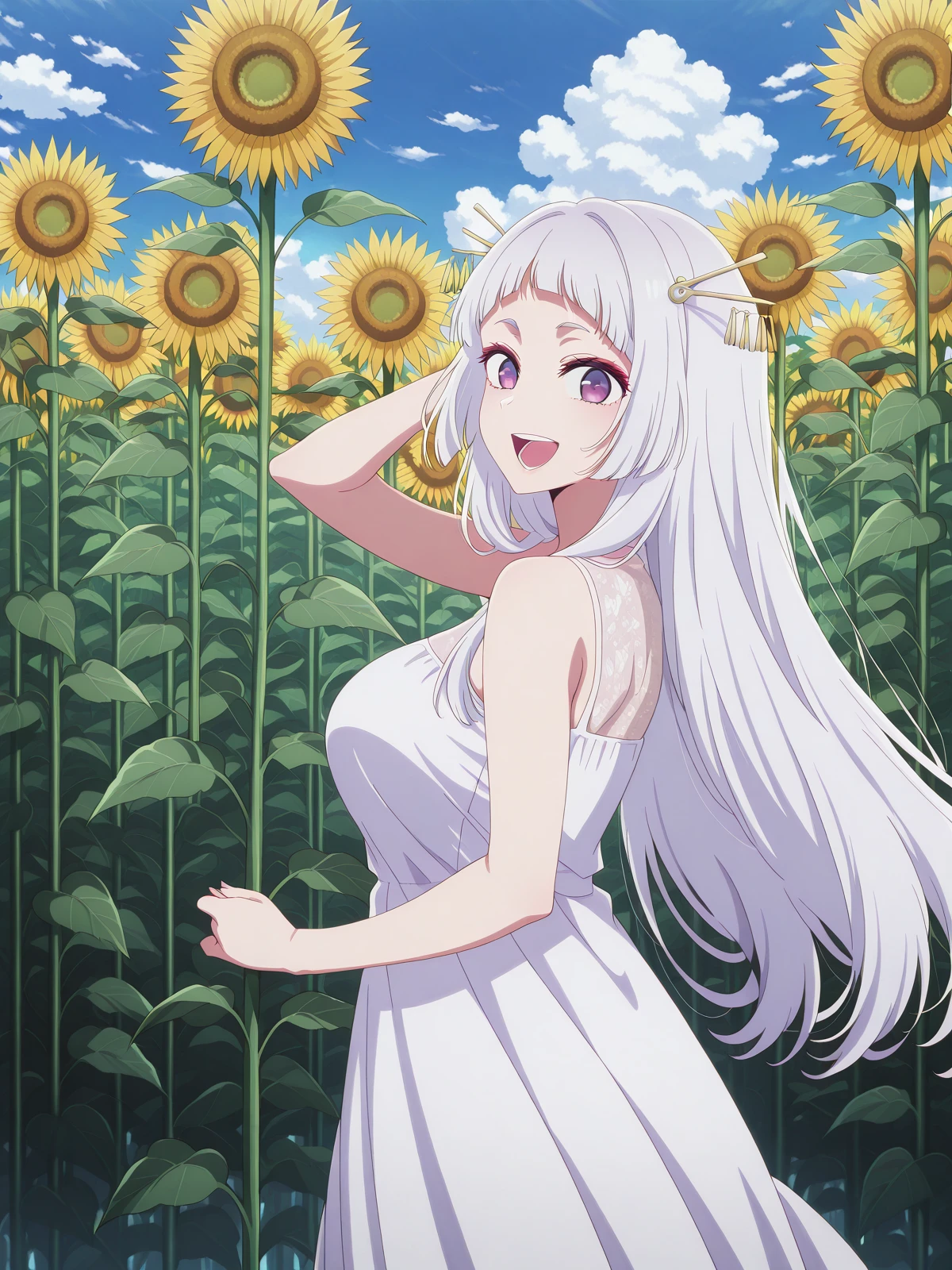 masterpiece, best quality, amazing quality,, <lora:akane-kurokawa-s1s2-illustriousxl-lora-nochekaiser:1>, sayahime, long hair, bangs, hair ornament, purple eyes, white hair, hair stick, mature female, breasts, anime screencap, <lora:field-of-sunflowers-illustriousxl-lora-nochekaiser:1>, field of sunflowers, solo, looking at viewer, smile, open mouth, dress, standing, flower, :d, outdoors, teeth, sky, sleeveless, day, cloud, white dress, from side, blue sky, sleeveless dress, sunflower, sundress,, , ,