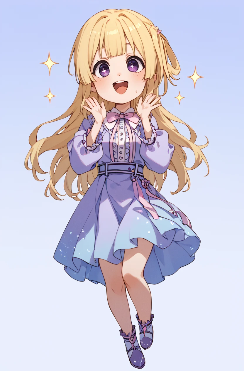 score_9, score_8_up, score_7_up, masterpiece, best quality, amazing quality, very aesthetic, newest, absurdres, highres,
1girl, solo,
<lora:FujimaSakuraPonyV1:1> fujimasakura, blonde hair, long hair, hair rings, purple eyes,
simple background,gradient background, chibi, full body,
sparkle, happy, open mouth, hands up, sparkling eyes, excited, motion lines,
<lora:IriaStylePony:0.8> IRIaStyle,