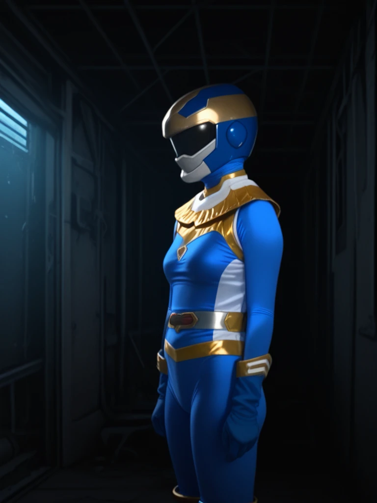 (best quality, masterpiece, RAW photo,ultra-detailed:1.2), 1girl, solo, looking at viewer, ((Hurricane Blue outfit, belt, gloves, helmet, blue spandex vest, sunglasses, blue boots, blue skirt, gray leggings, white gloves)), large breasts, (((spread legs:1.1))), tied in wooden X cross, captured, bondage, bdsm, nsfw, raised arms, dark room, eerie light, industrial background, full body render, head to toe, creampie, wet