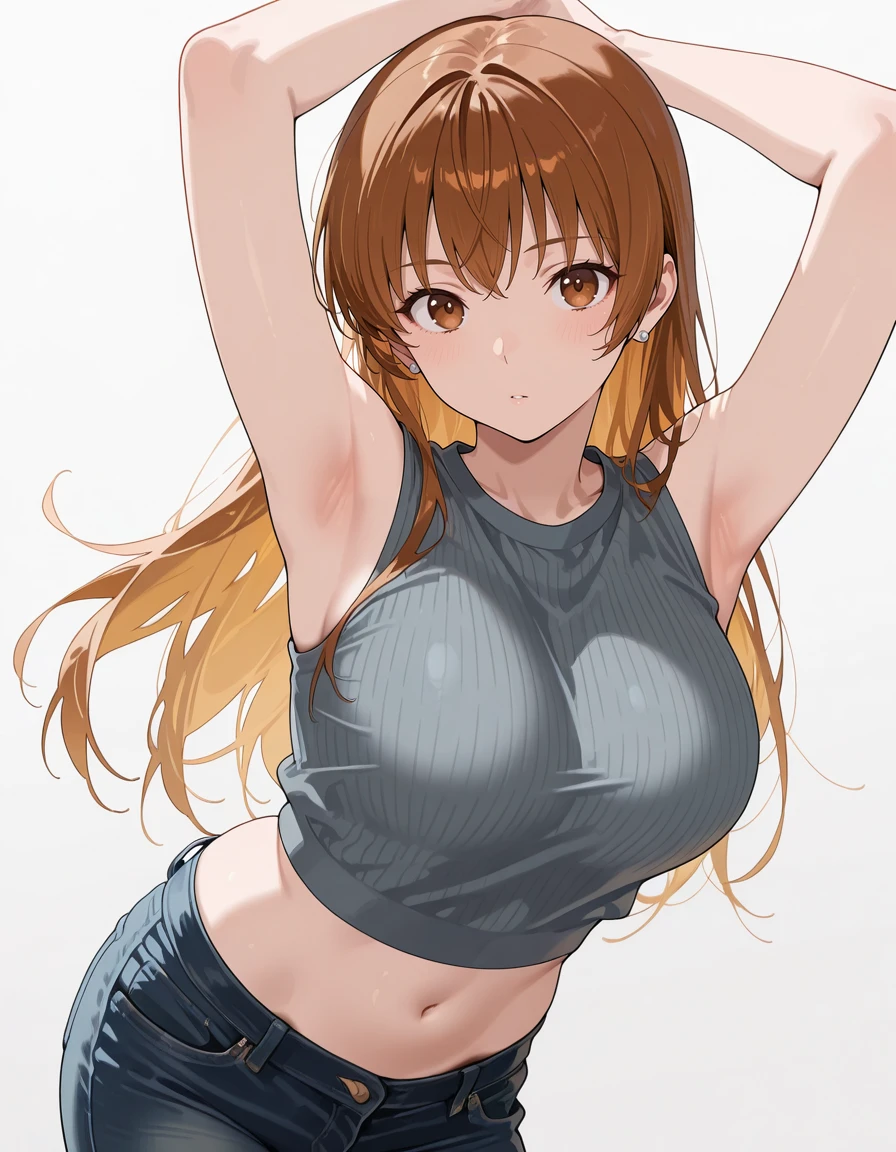 masterpiece,best quality,amazing quality,very aesthetic,high resolution,ultra detailed,perfect details,
1girl,solo,looking at viewer,dynamic pose,
simple background,grey background,
<lora:mai_bj_clothing_m_denim:1>,mai_bj_clothing_m_denim,sleeveless_shirt,grey_shirt,unzipped,crop_top,earrings,jeans,
<lora:kasumi_doa:1>,kasumi_doa,mai_style,