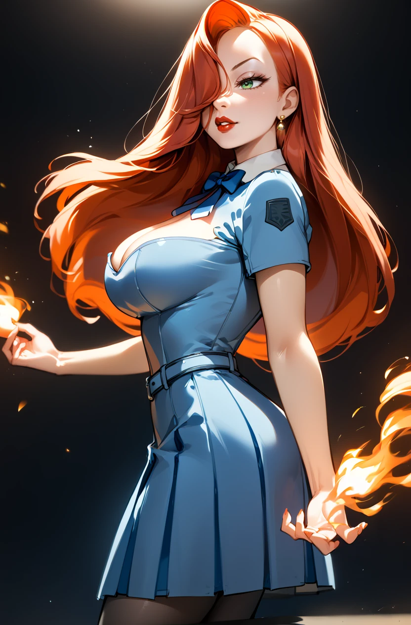 score_9, score_8_up, score_7_up, masterpiece, best quality, amazing quality, very aesthetic, newest, absurdres, highres,
1girl, solo,
<lora:jessicarabbitXLP:0.8> jessica rabbit, 1girl, red hair, hair over one eye, long hair, cleavage, lipstick, green eyes,
<lora:BokuWaSonzaiDressPonyV1:1> bokuwasonzaidress, pleated dress, blue dress, blue bowtie, belt, short sleeves, black pantyhose,
from side, leaning forward, fire, fireball in hands, large breasts,