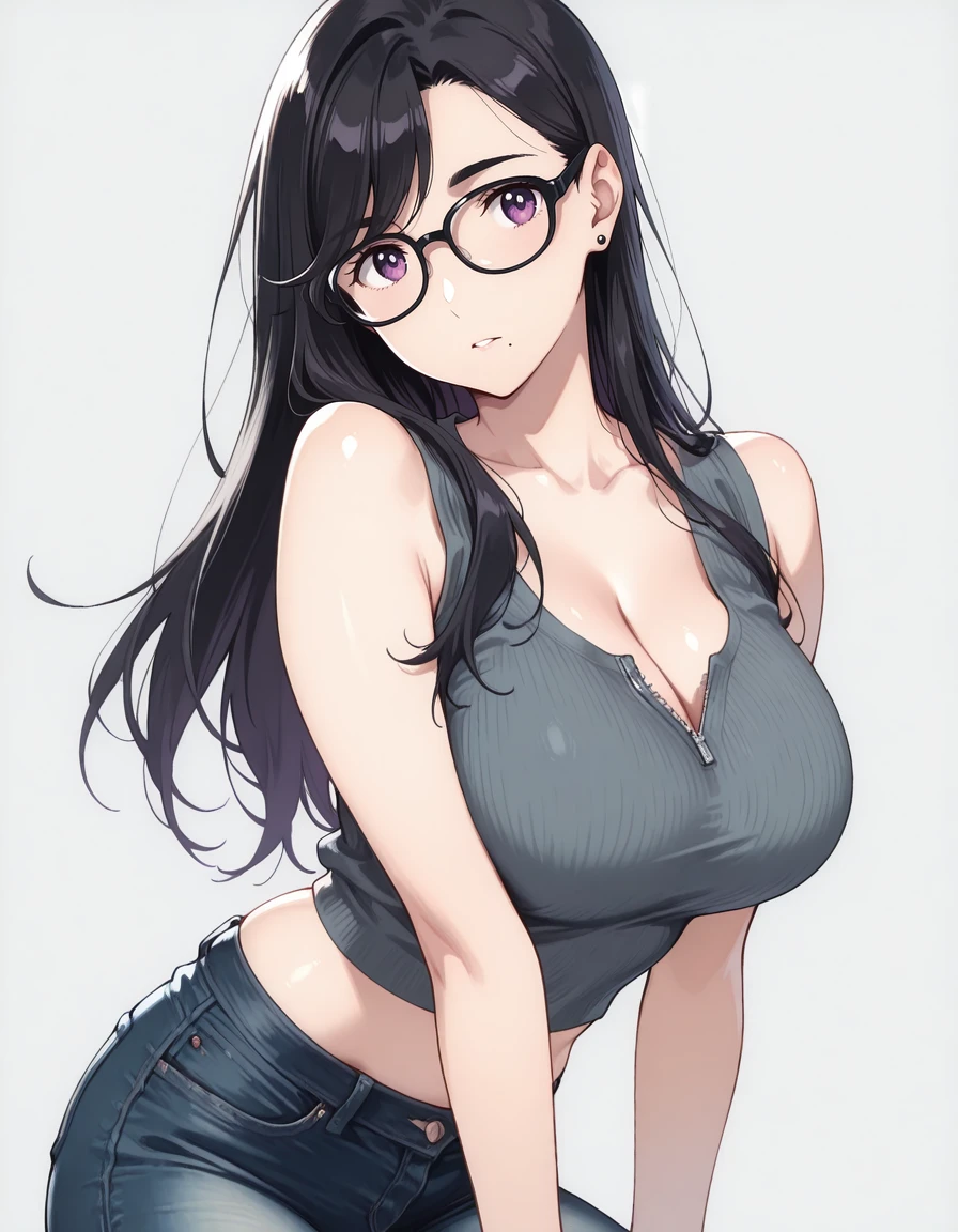 masterpiece,best quality,amazing quality,very aesthetic,high resolution,ultra detailed,perfect details,<lora:mai_ki_style:1>,mai_ki_style,<lora:mai_Ink_style:1>,traditional media,
1girl,solo,looking at viewer,dynamic pose,
simple background,grey background,
<lora:mai_bj_clothing_m_denim:1>,mai_bj_clothing_m_denim,sleeveless_shirt,grey_shirt,unzipped,crop_top,earrings,jeans,
<lora:Summer_Time_Rendering_Style___Characters_Pack:1>,minakata hizuru,1girl,long hair,black hair,purple eyes,mole under mouth,big breasts,cleavage,black-framed eyewear,collarbone,