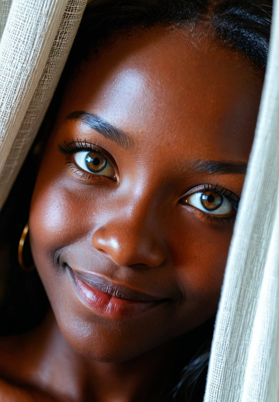 Photo, RAW, Best Quality, High Quality, HDR, 4K, Intricate Details, Beautiful, very detailed, volumetric lighting, Confused, Soft features, 
absurdres, 20 year old girl, beautiful eyes, shy, seductive, teasing, playful, action, motion, colorful, dynamic angle, oval delicate face, cute looking, monolid eyes, lips apart, (black skin, african beauty:1.3), (upper body photo:1.3),  framed between two curtains, structure, realistic, ultra detailed, realistic skin texture, (inviting smile:1.2),