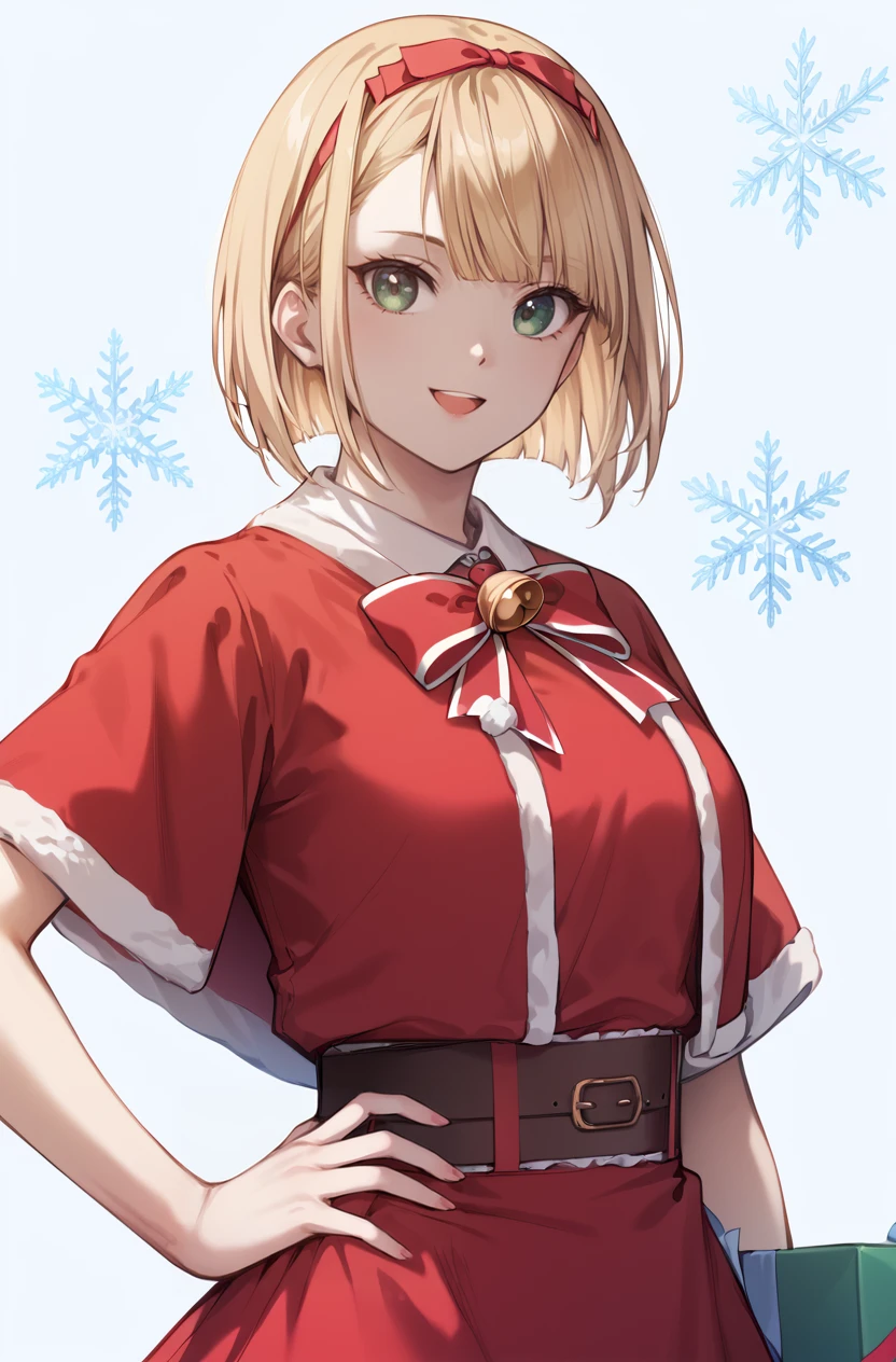 score_9, score_8_up, score_7_up, masterpiece, best quality, amazing quality, very aesthetic, newest, absurdres, highres,
1girl, solo,
 <lora:SaitoNicolePonyV1:1> saitonicole, blonde hair, short hair, asymmetrical bangs, green eyes, bow hairband,
upper body, santa costume, jingle bell, gift box, snowflake background,  open mouth, smile, hand on hip
<lora:StariweiStyle:0.8> stariwei_style