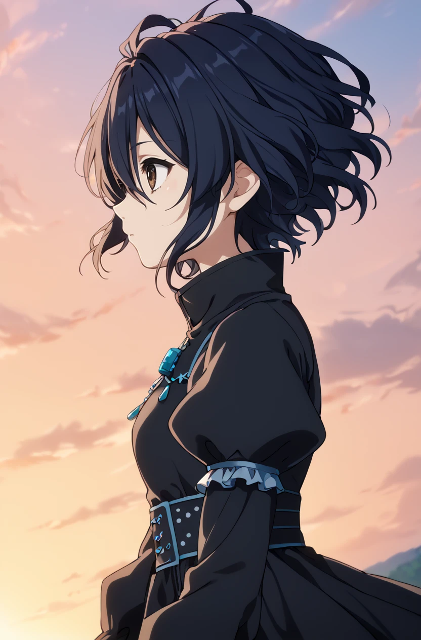 score_9, score_8_up, score_7_up, masterpiece, best quality, amazing quality, very aesthetic, newest, absurdres, highres,
1girl, solo,
<lora:TakigawaMiuPonyV1:1> takigawamiu, black hair, wavy hair, short hair, brown eyes, hair between eyes,
sky, sunset, floating hair, profile, looking ahead, upper body, dutch angle, black dress, long sleeves, sleeves past wrists, puffy sleeves, bodice, high collar, jewelry, hair ornament,
<lora:modern_anime_screencap_v1_0:0.8> anime screencap, anime screenshot,