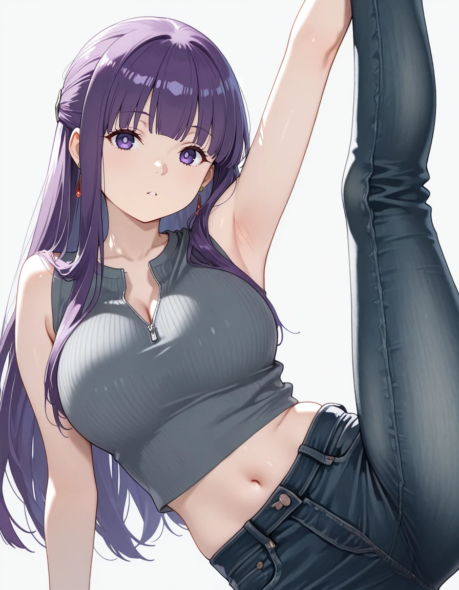 masterpiece,best quality,amazing quality,very aesthetic,high resolution,ultra detailed,perfect details,<lora:mai_ki_style:1>,mai_ki_style,<lora:mai_Ink_style:1>,traditional media,
1girl,solo,looking at viewer,dynamic pose,
simple background,grey background,
<lora:mai_bj_clothing_m_denim:1>,mai_bj_clothing_m_denim,sleeveless_shirt,grey_shirt,unzipped,crop_top,earrings,jeans,
sousou_no_frieren,fern (sousou no frieren),sousou no frieren,