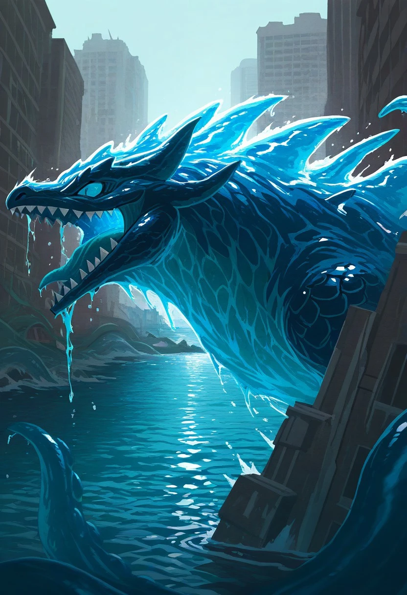 masterpiece, best quality, highres, (solo male, Perfect Chaos, dark blue reptilian skin with scales, water tentacles, blue water skin, water creature, sharp teeth, green slit-like pupils, side view, roaring, ruined city, flooded city, destroyed building), smooth lighting