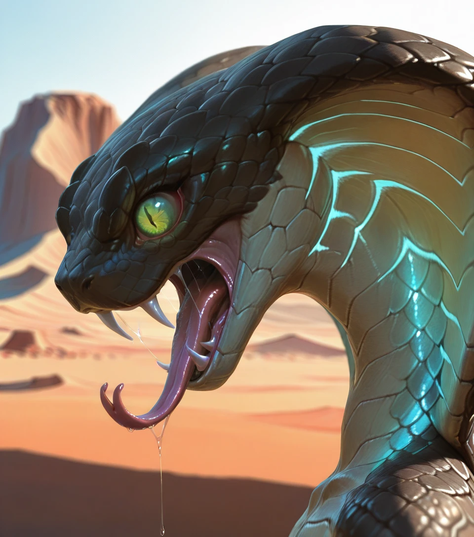 perfect anatomy, masterpiece, perfect quality, best quality, amazing quality, detailed, newest, very aesthetic, 
close up, side view, portrait, split tongue, fangs, roar, saliva, saliva strand, desert background, blurry background, 
anthro, 1boy, s3thrak, monster, creature, cobra hood, scales, reptile tail, glowing accents, glowing blue accents, snake eyes, slit pupils, plated scales
<lora:Sethrak for Illustrious:0.75>, <lora:AddMicroDetails_NoobAI_v1:1>