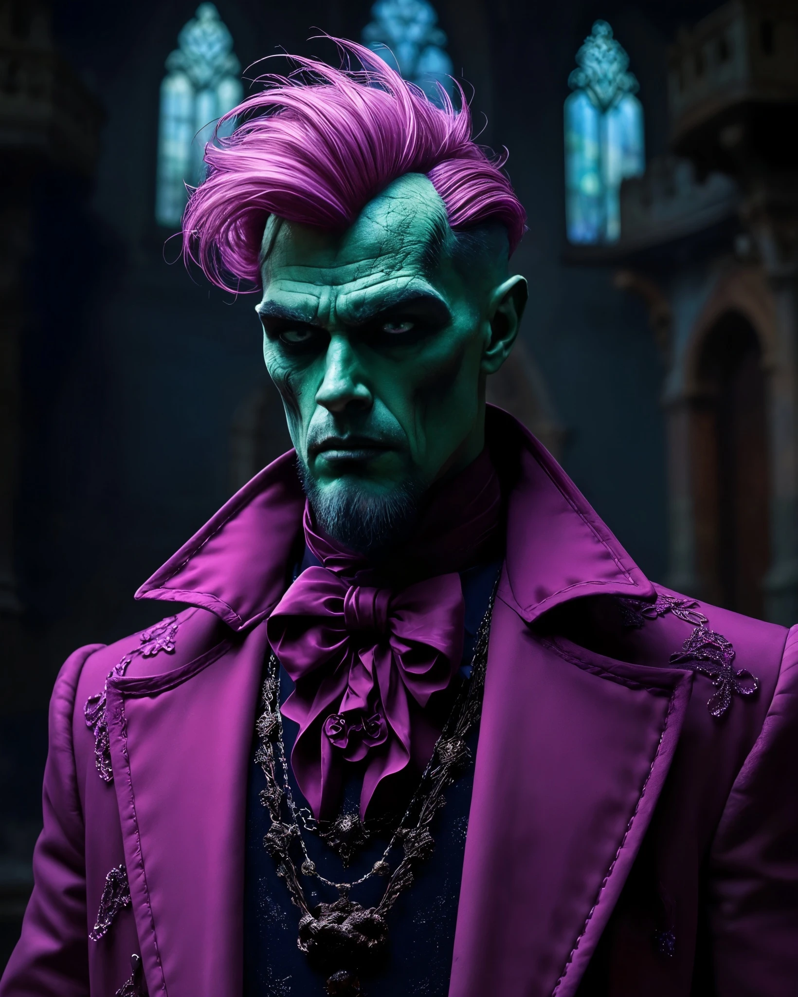 A menacing figure stands in a dark, gothic setting, featuring intricate stained glass windows. He has green skin with dark, jagged markings, and is dressed in an ornate, deep purple Victorian-style coat adorned with elaborate detailing. His collar is high, and he wears a large, dark bow tie. His striking pink hair is styled upward, and he has a intense, brooding expression, emphasizing his formidable presence.