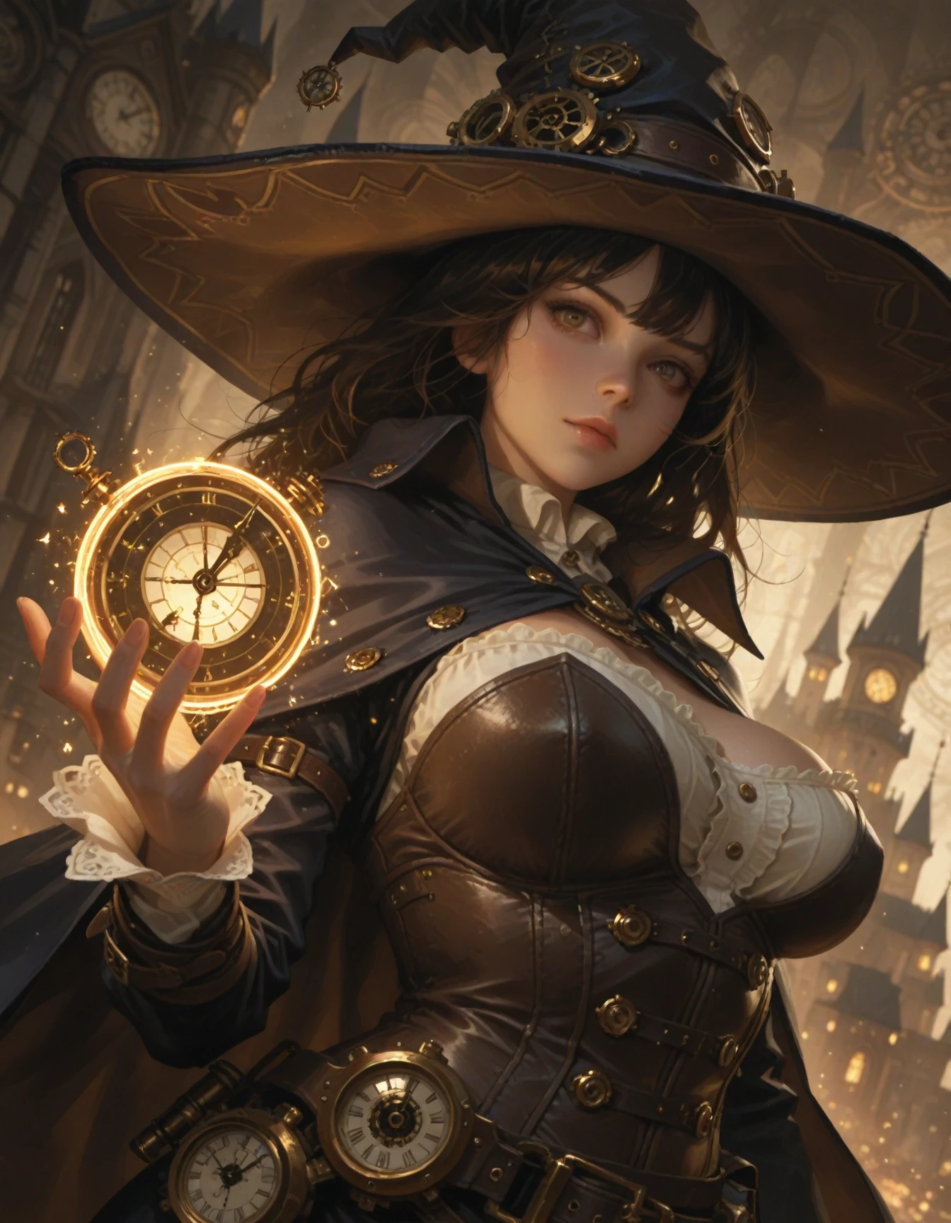 anime coloring,
1girl, witch, witch hat, cape, castle, mooon, glowing, dutch angle, close-up, curvy, upper body, magic, steampunk, light particles, clock, dynamic pose, dynamic angle,
dramatic lighting, intricate details, masterpiece, best quality, absurdres, depth of field, 1=2
<lora:NoobV065sHyperDmd:1>