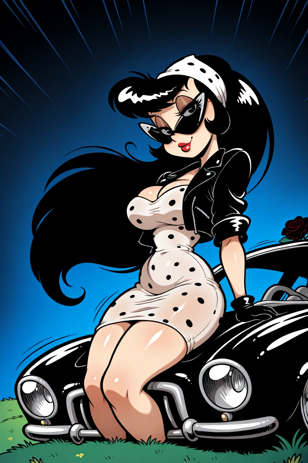 Ariana Grande, ponytail, beautiful_face, detailed_face, 50s, 50s, pin-up, leaning on a ford_mustang, full_body, comic style