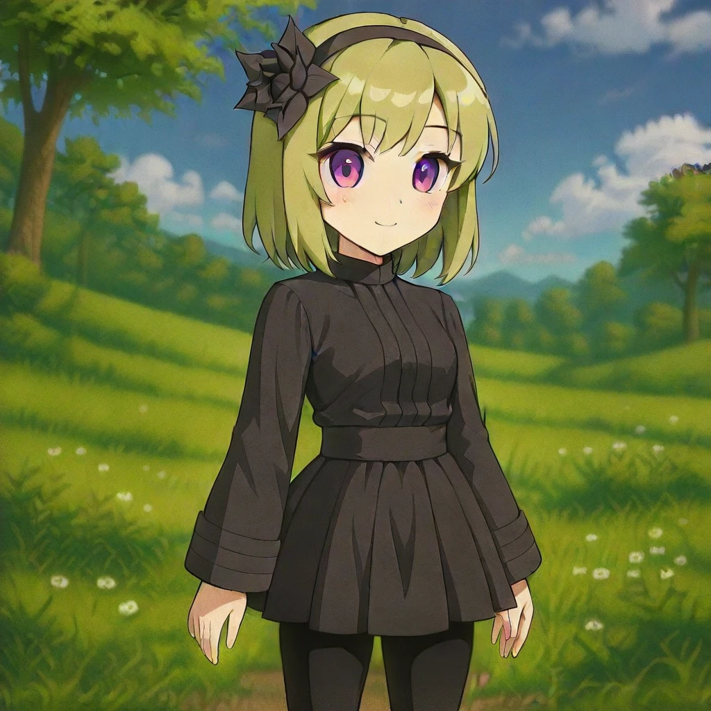 NinonBeart, olive hair, short hair, purple eyes, black dress,long sleeves, high neck, pleated skirt, black leggings, black headband,