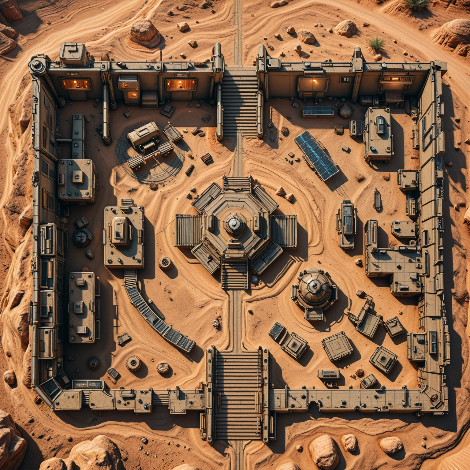 masterpiece, high quality, highres, <lora:mapcraft_il_v1:1> mapcraft, battle map, top-down view, from above, no humans, highly detailed, exterior, landscape, outdoors, desert outpost, rocky terrain, cracked ground, solar panels, supply tents, bones, rusted metal fencing <lora:Neon_Vaporwave_IL:1> mad-vprwv
