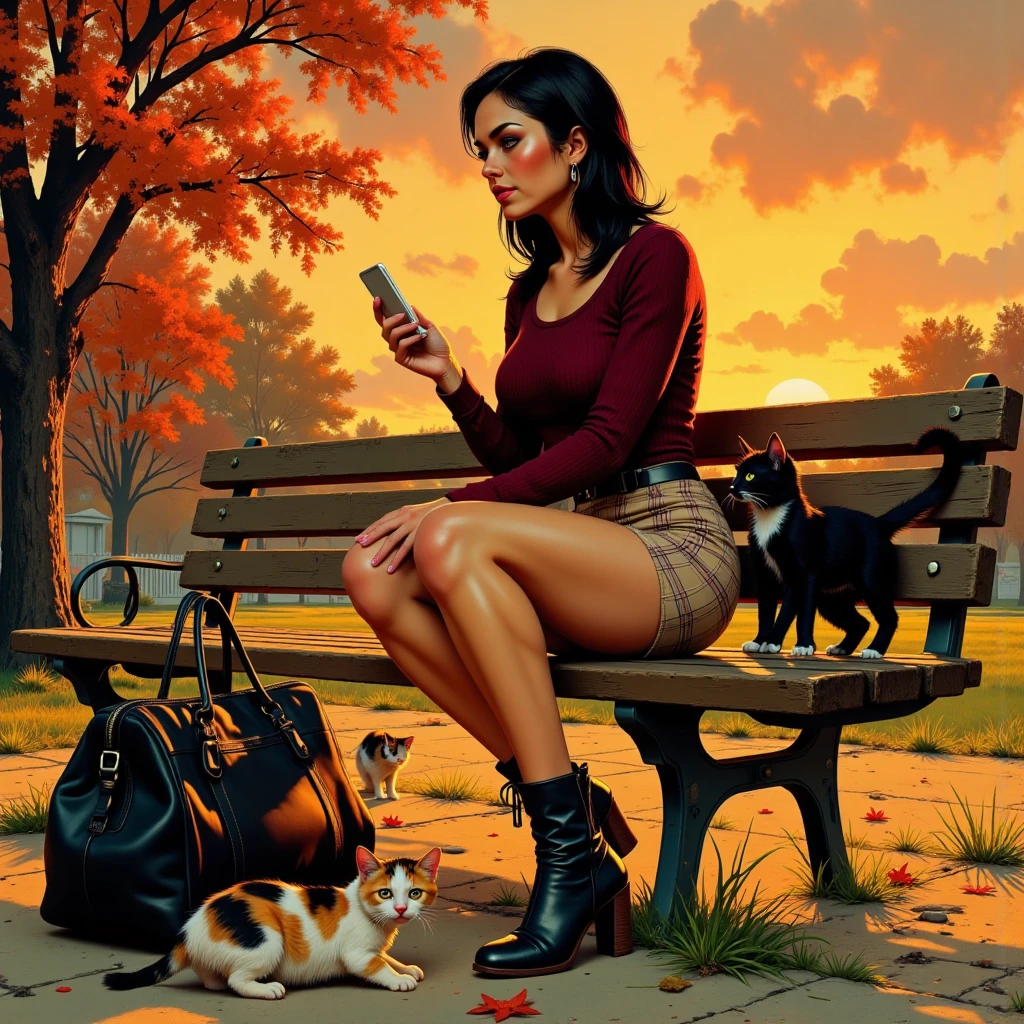illustration depicting the style of 2000s, Miranda, a professional brunette, mid-twenties, de-stressing on a slightly worn wooden park bench during a vibrant early autumn sunset. She's dressed in a fitted, knee-length pencil skirt in a subtle plaid pattern and a long-sleeved, ribbed knit top in a deep burgundy, her sensible but stylish block-heeled ankle boots peeking out. She's engrossed in music from her bulky silver iPod Classic, its iconic white earbuds clearly visible. Her stylish, boxy black leather tote with a prominent silver buckle rests nearby. Two fluffy, mischievous kittens—one a classic calico with splotches of orange and black, the other sleek black with emerald eyes—playfully pounce and tug at the bag's sturdy nylon straps, one climbing halfway up the side to bat at an exposed zipper pull while the other tugs playfully on a loose thread near the handle, creating a delightful, candid moment frozen in warm, golden-hour light, c0mix2