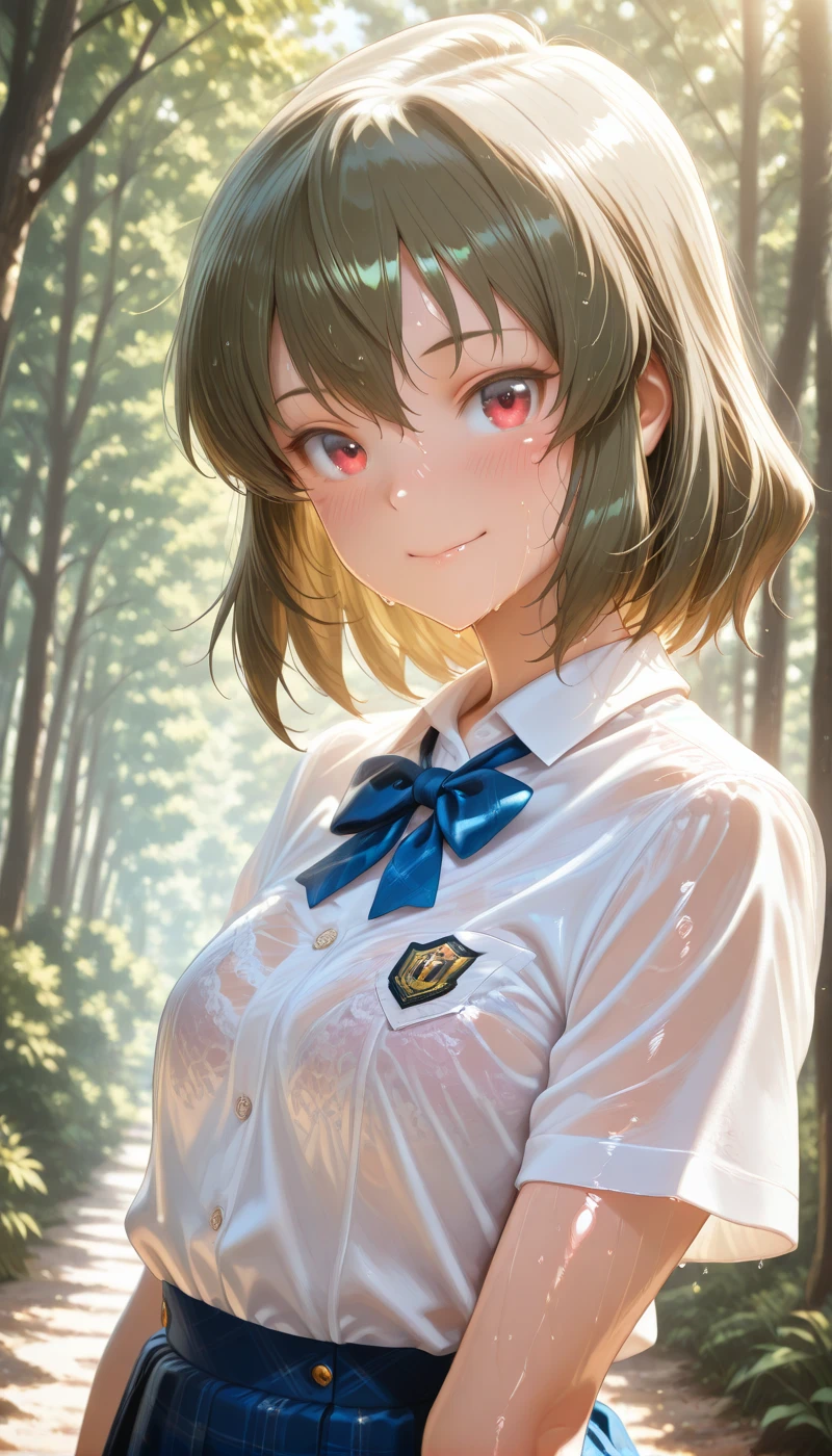 <lora:LCMTurboMix_Euler_A_fix:1> <lora:example_SDXL:0.3>, EZRealPONYXL, <lora:Dramatic Lighting Slider:3><lora:realistic filter [IL]:0.8>
DSLR,realistic,cosplay photo, (very awa,masterpiece,best quality,year 2024,newest,absurdres,highres:1), realistic,skin texture,facial features, photography shot with Canon EOS 5D Mark IV , realistic, RAW, best quality, masterpiece, amazing quality, skin details,
1girl, highly detailed beautiful face, natural breasts,
detailed background, shiny skin, dutch angle,
beautiful detailed eyes, intricate details, absurdres, anime screencap,
 <lora:NagayoshiSubaru_IdolMaster_ILXL_kill0825:1>
IMNagaSuba, 1girl, solo, breasts, looking at viewer, blush, smile, short hair, shirt, skirt, red eyes, bow, hair between eyes, closed mouth, medium breasts, school uniform, white shirt, upper body, short sleeves, outdoors, pleated skirt, small breasts, green hair, collared shirt, day, medium hair, fang, bowtie, blue skirt, tree, wet, see-through, plaid, dress shirt, blue bow, plaid skirt, polka dot, wet clothes, nature, forest, blue bowtie, shirt tucked in, wet shirt, wet hair, fang out, see-through shirt, bra visible through clothes, brown hair