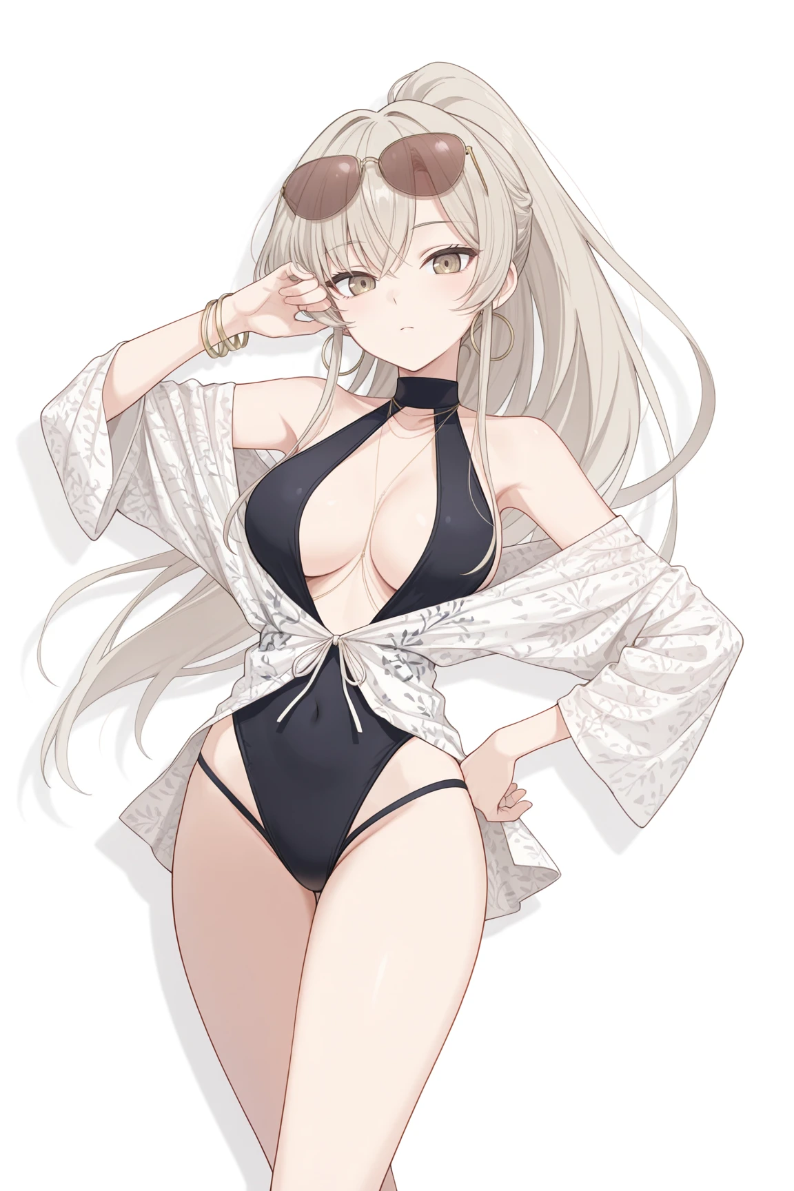 (8K, Best Quality, Ultra Detailliert, Highres, Absurdres, Perfect Anatomy:1.5, Masterpiece:1.5), (((Solo, 1 Cute Girl))), (((perrine h. clostermann, perrine clostermann))), (((Yellow Eyes))), (((Black Glasses:1.2))), (((Long Long Hair:1.3, Bangs, Blust Bangs, Blonde Hair))), (((Black Cat Ears, Black Cat Tail))), (Slender Body, Dwarf:0.7), (((Small Breasts:1.2))), ((Big Hips:1.1)), (Smile:0.8), (Evil Smile:0.4), (Blush:0.8), (((Bikini))), (Choker, Neck Ribbon), ((Sandals)), (Solo Fours, Full Body), (Heart, 
