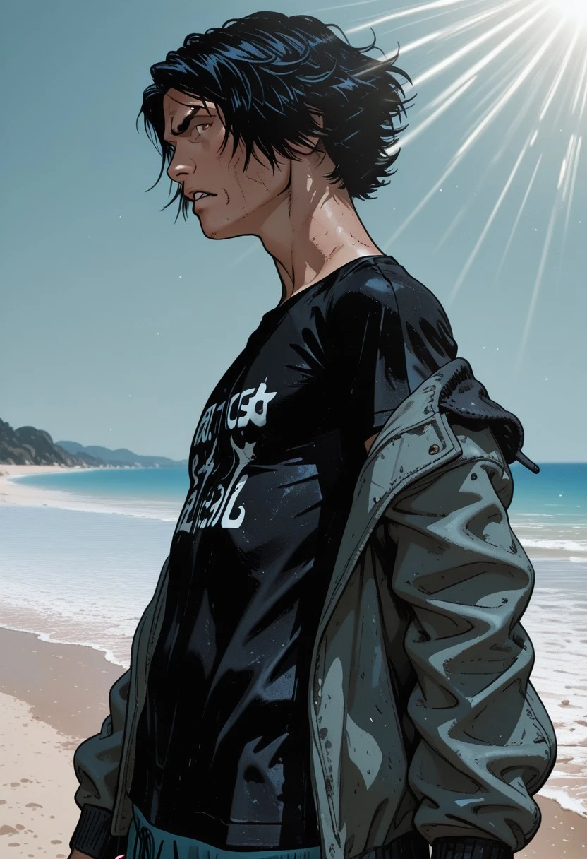 portrait, side view, (masterpiece), best quality, very aesthetic, detailed face, sharp focus, beautiful, perfect lighting, masterpiece, best quality, amazing quality, absurdress, highly detailed, dramatic tavern light, (ultra-detailed), (ultra-detailed, 8k, gritty cinematic style) BREAK 1boy, 30yo, male, bara, solo,anant hair, jacket, long sleeves, t-shirt, black shirt,
BREAK standing, contrapposto, fierce, determined, parted lips ,profile face, glancing at viewer
BREAK
(beach:2), (outdoors:1), (sunrays:1) day