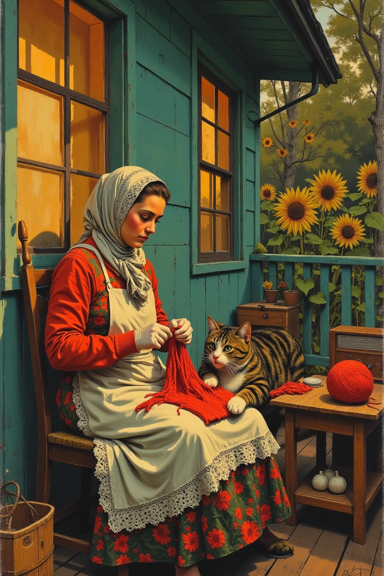 Oil on canvas, 1966 USSR dacha: warm sepia dusk, peeling turquoise porch, babushka in wool kerchief and floral sarafan, birch needles click-clicking a crimson sweater. Striped tabby cat, white mittens batting the yarn ball, tugs a crimson strand across her lap; lace-edged apron flutters. Sunflowers lean beyond the fence, radio faintly plays “Podmoskovnye Vechera,” and the air glows with fresh bread and lilac, c0mix2