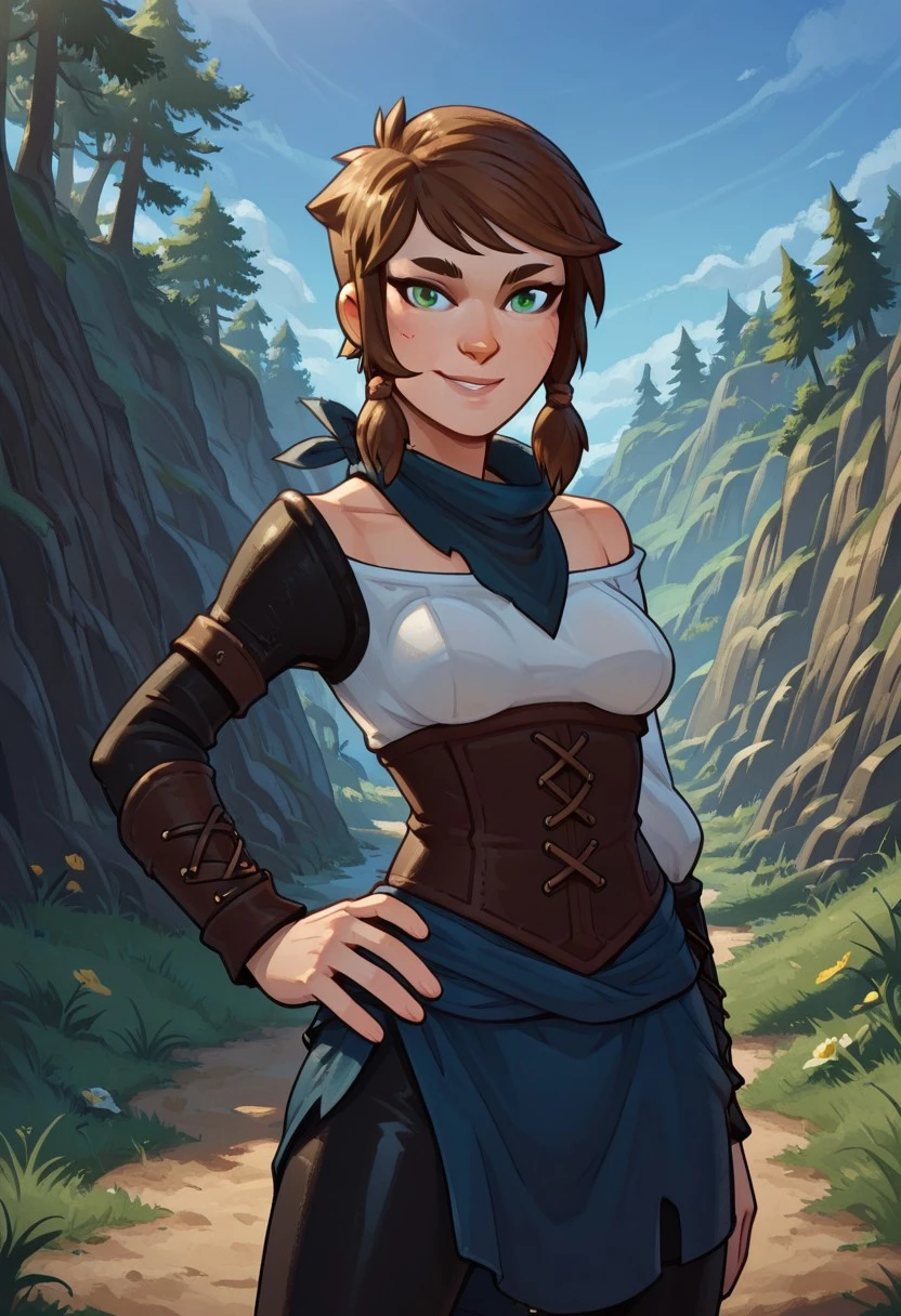 1girl, solo, kotcl, Vanadis, short hair, bangs, brown hair, brown eyebrows, green eyes, blue bandana, white shoulder-less shirt, leather vambrace, leather bracers, leather tabard, blue sarong, thigh high leather leggings, barefoot, breasts ,smile, looking at viewer, hand on own hip,outdoors, cowboy shot, masterpiece, best quality, amazing quality, very aesthetic, absurdres, <lora:Vanadis:1> grinning,breasts,