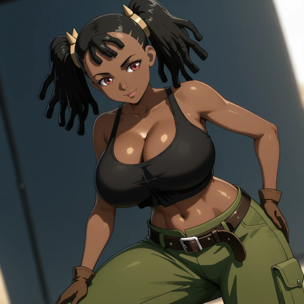 high resolution thick-line fighting game character splash-art ( 19-year old Darkskin domincan female),::(hacker, adventurer,and tonfa user) ( small nubian convex nose, round face, full lips, pixie cut, chocolate complexion medium chest, curvy hips, and slender tone physique.):: (light glittering sand eye shadow, golden eyes,):1.3 :: (red tank top, black low riding shorts, pink bikini bottoms,) (thigh, wrist,ankle and shoulder athletic tape) She is raven armored casing sneakers , a green grid gloves,):1.3 ( radiating GREEN AURA) (energetic, adventurous, flighty) (masterpiece:1.2), (ultra-detailed:1.2), (perfect details), (extremely fine and beautiful:1.1), beautiful face, beautiful eyes, (detailed face, detailed eyes:1.2), detailed lip, shiny skin, oil skin, shiny hair, sense of depth, depth of field, ,(dynamic angle, scenery, dramatic lighting, volumetric lighting, golden hour, masterpiece), high quality, Octane Render, intricate, intricate details, maximalist, highly detailed, finely detailed, ultra-detailed, Rival Schools, Edayn, udon, and Alex "oh8" Ahmed. The two-tone background features an evening sun cascading over a futuristic urban city festival (, dynamic pose:1.3),
