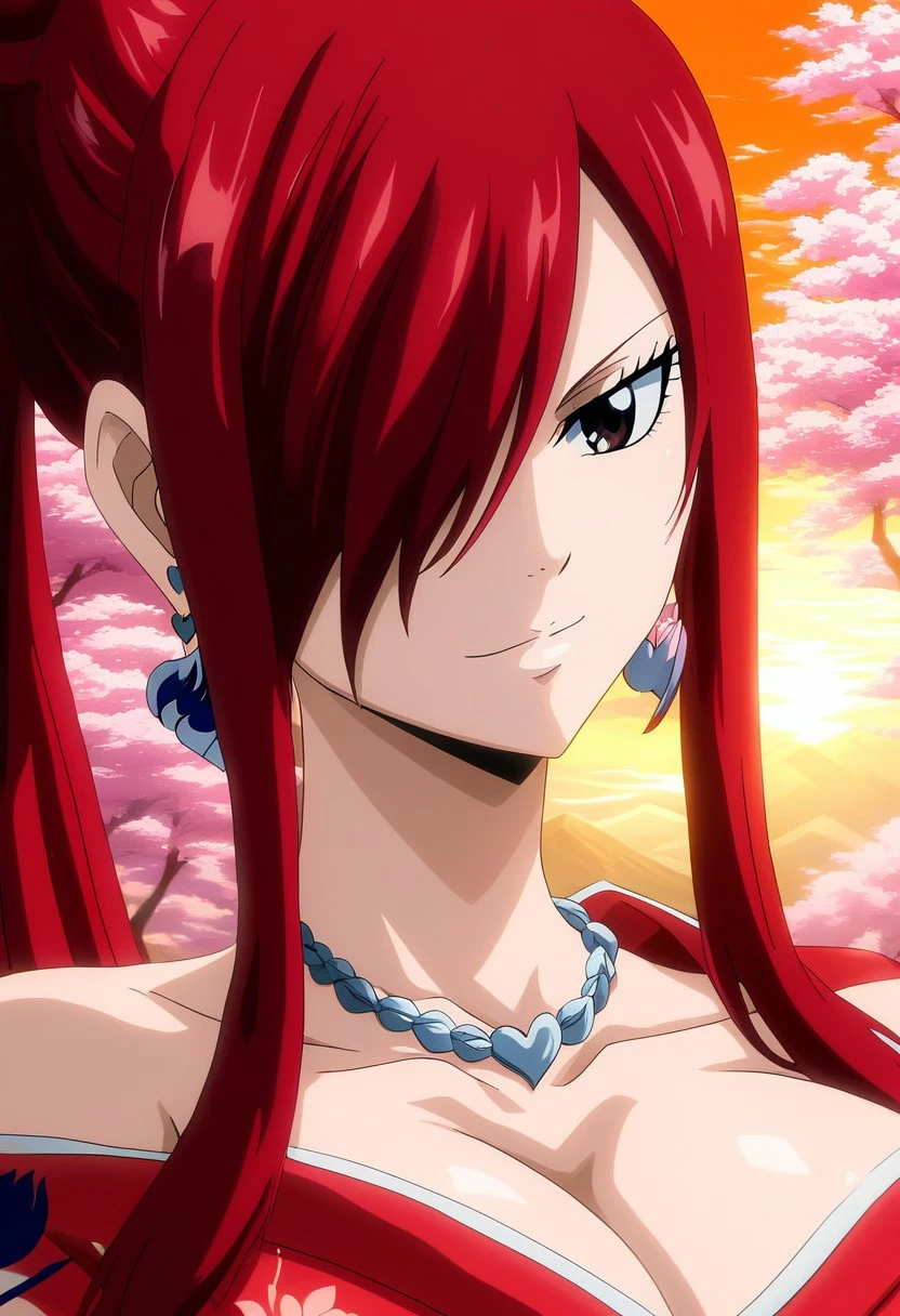 score_9, score_8_up, score_7_up, source_anime,
erza scarlet, red hair, brown eyes, hair tied back.
OUTFIT FEMALE: kimono, necklace with gold heart, earrings, rings, highres, high quality, best quality, volumetric lighting, UHD, skin texture, skin detail, high quality skin, highly detailed, large breasts, beautiful eyes.
BEHAVIOR: mature female, half closed eyes, seductive, sexy body.
VIEW: ooframe, extreme close up, out of frame.
BACKGROUND: masterpiece, 4k image, orange background, cherry trees, perfect sunset,shadow on face, face shadows.