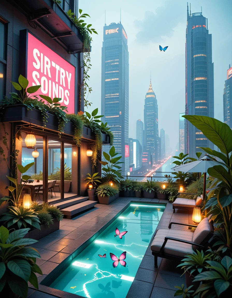 A hidden rooftop garden sanctuary in the heart of a sprawling cyberpunk metropolis, surrounded by towering skyscrapers and glowing neon billboards. The garden is lush and overgrown with bioluminescent plants, hydroponic vines, and high-tech greenhouse structures made of glass and chrome. Soft ambient lights line the walkways, and digital butterflies flit among the foliage. Futuristic benches, glowing koi ponds, and hanging lanterns create a tranquil atmosphere above the chaotic city below. The sky is hazy with smog, illuminated by distant flying vehicles and holographic ads. No people are present.hidden rooftop garden s4nctu4ry, <lora:hidden_rooftop_garden_s4nctu4ry-p:1>,score_9, score_8_up, score_7_up,amazing quality, ultra realistic, 3D, HD, best quality, amazing quality, very aesthetic, absurdres